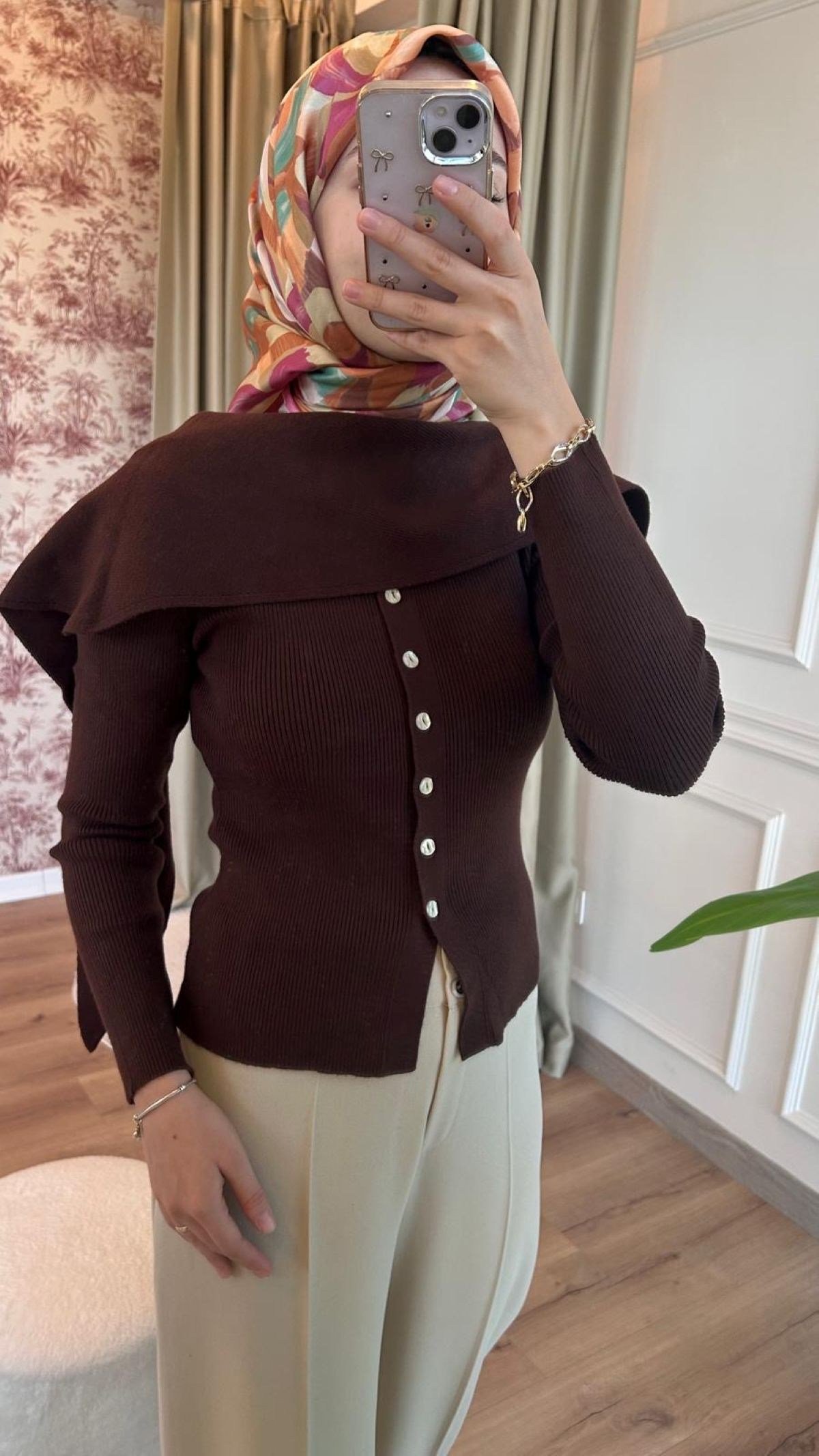 Kahve İpeksi Şal Yaka Triko