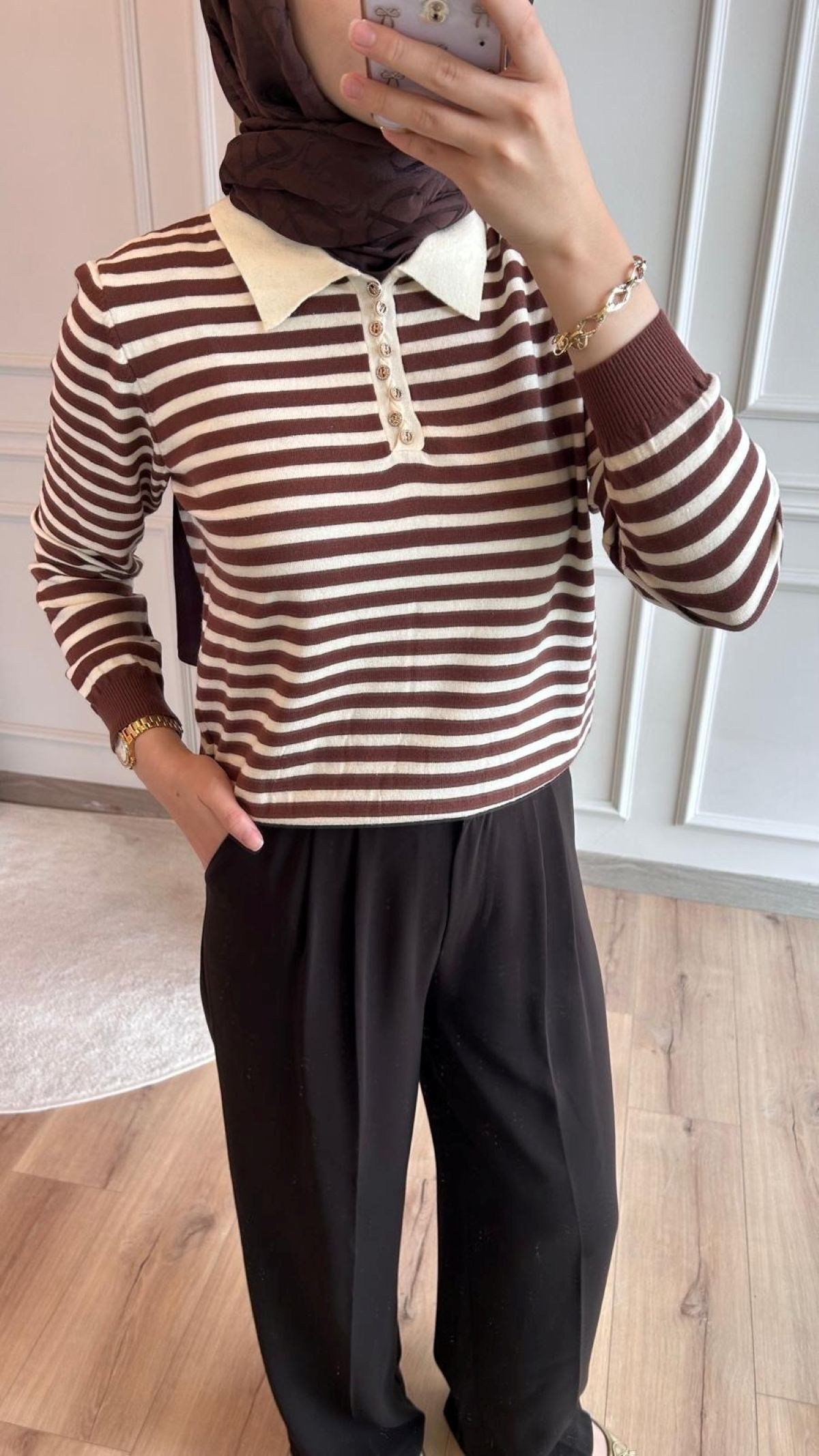 Kahve Lurex Çizgili Triko