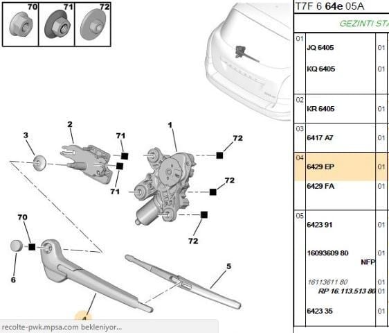 ARKA SİLECEK KOLU PEUGEOT P3008 (T84) P308 (T7) P508