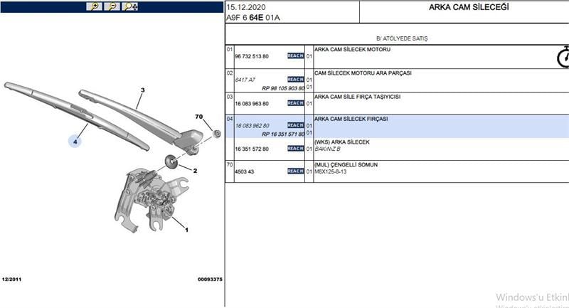 ARKA SİLECEK SÜPÜRGESİ 106/206/208/307/807/C3 RIFTER BERLINGO PARTNER