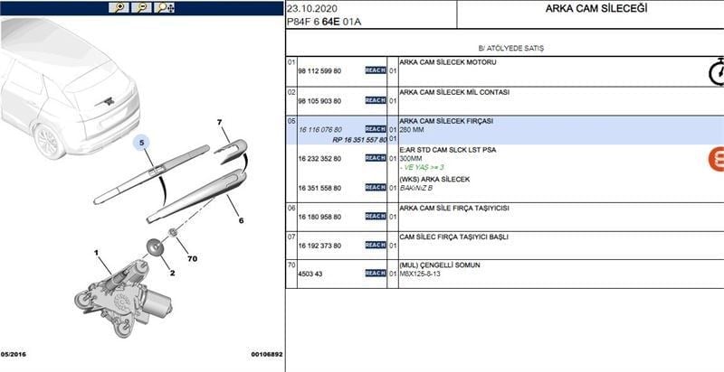 ARKA SİLECEK SÜPÜRGESİ 280 MM 308(T9) 3008(P84) C4 PC2