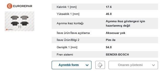 ERP FREN BALATASI ARKA (95 MM) PEUGEOT P207 P307 CITROEN C4 00-