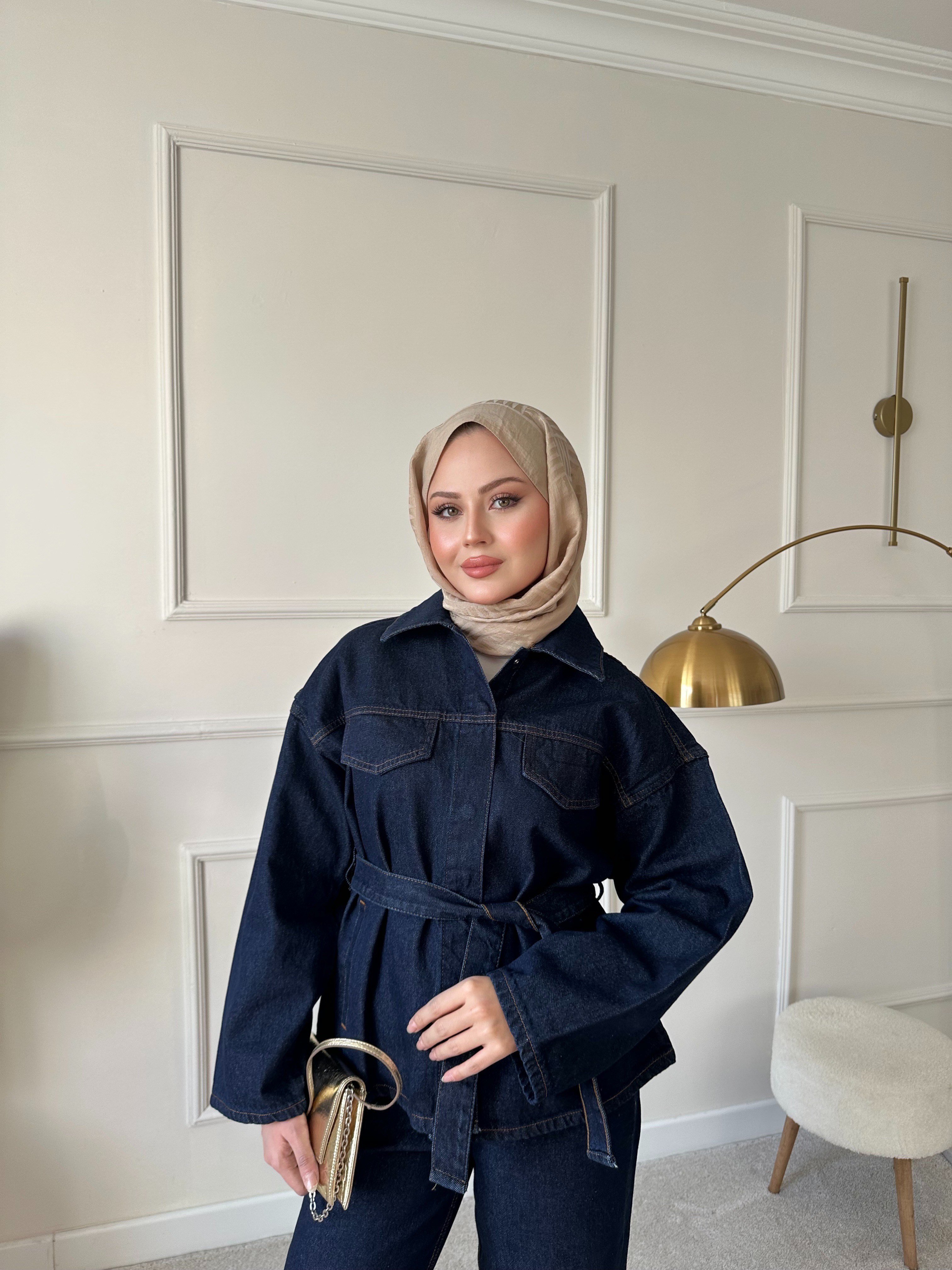Daily Luxe Kuşaklı Ceket-Pantolon Denim Takım