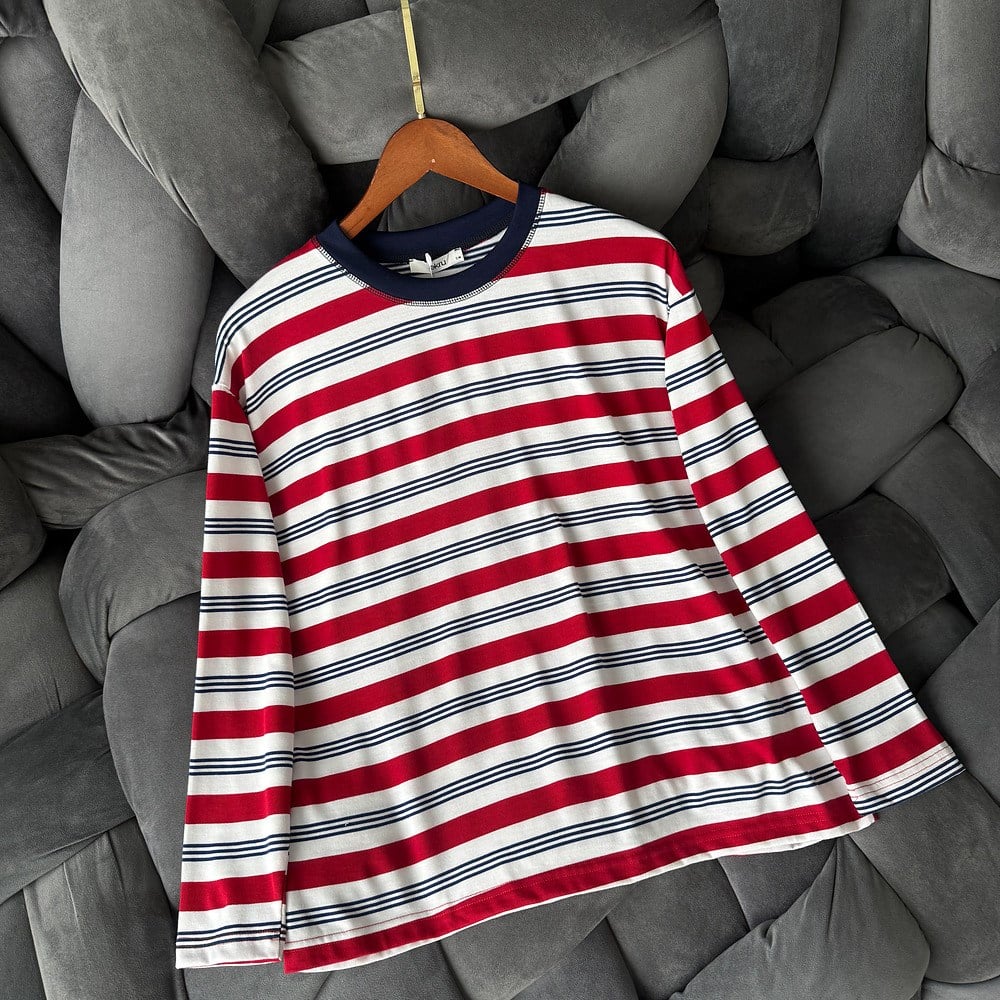 Premium Çizgili İki İplik Regular Kesim Kırmızı Sweatshirt 