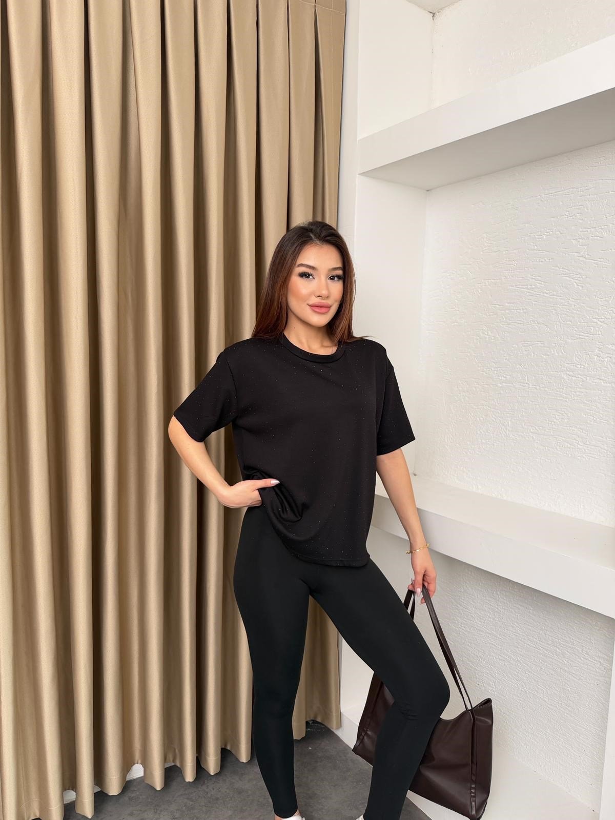 Basic Taşlı Modal Kumaş Tişört Siyah