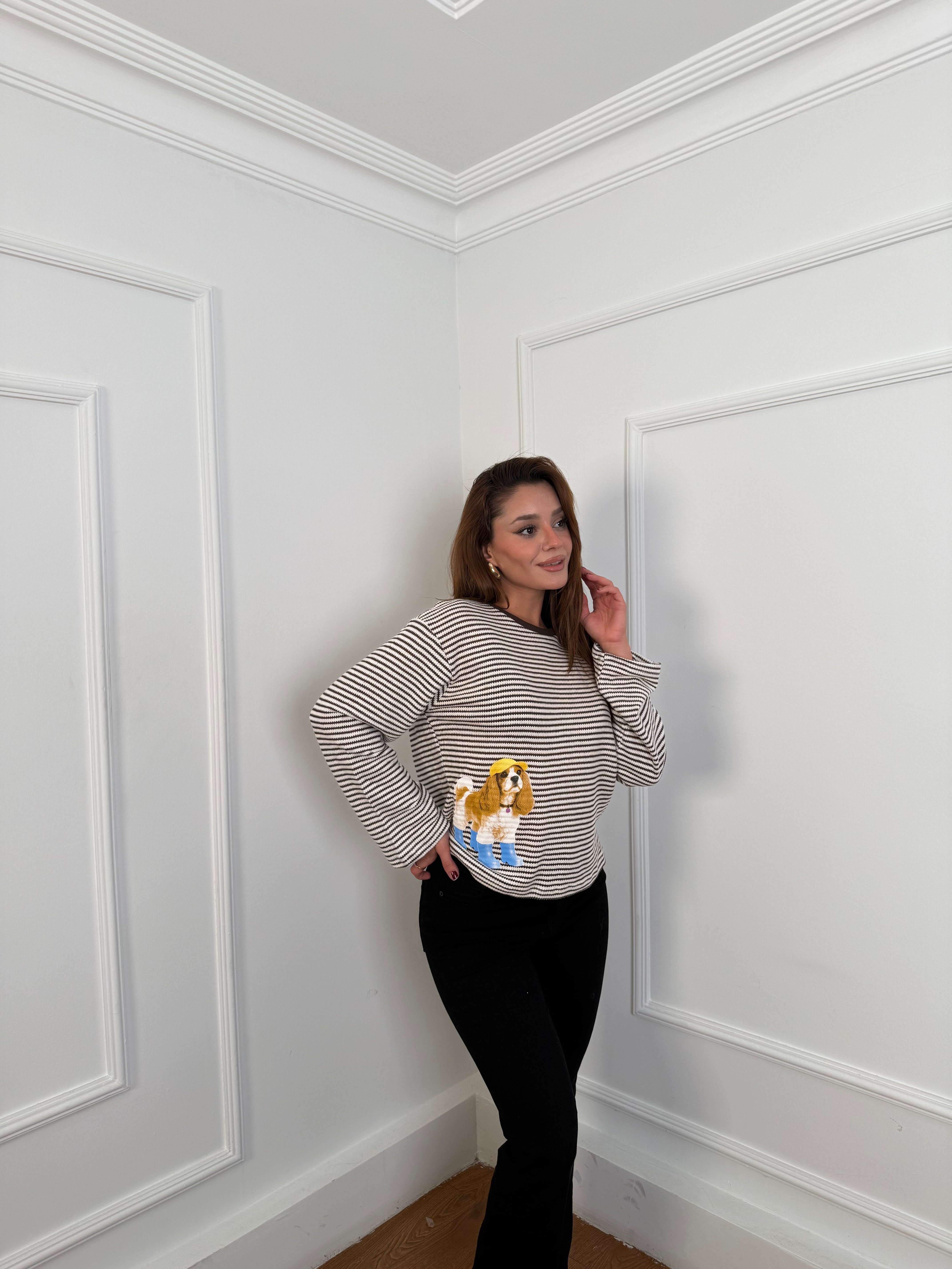 Köpek Baskılı / Nakışlı Çizgili Sweatshirt