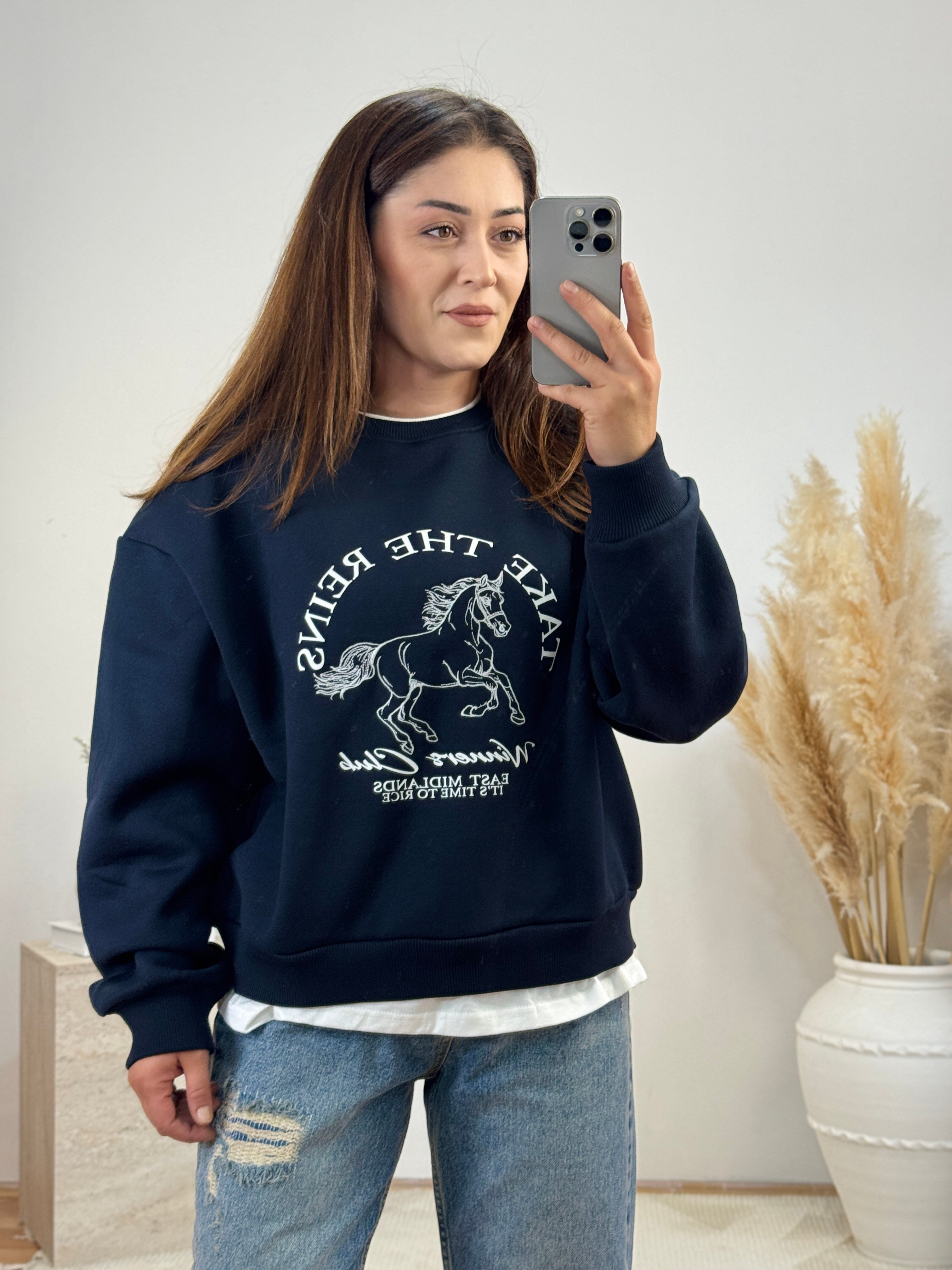At Baskılı Detaylı Sweatshirt-Lacivert