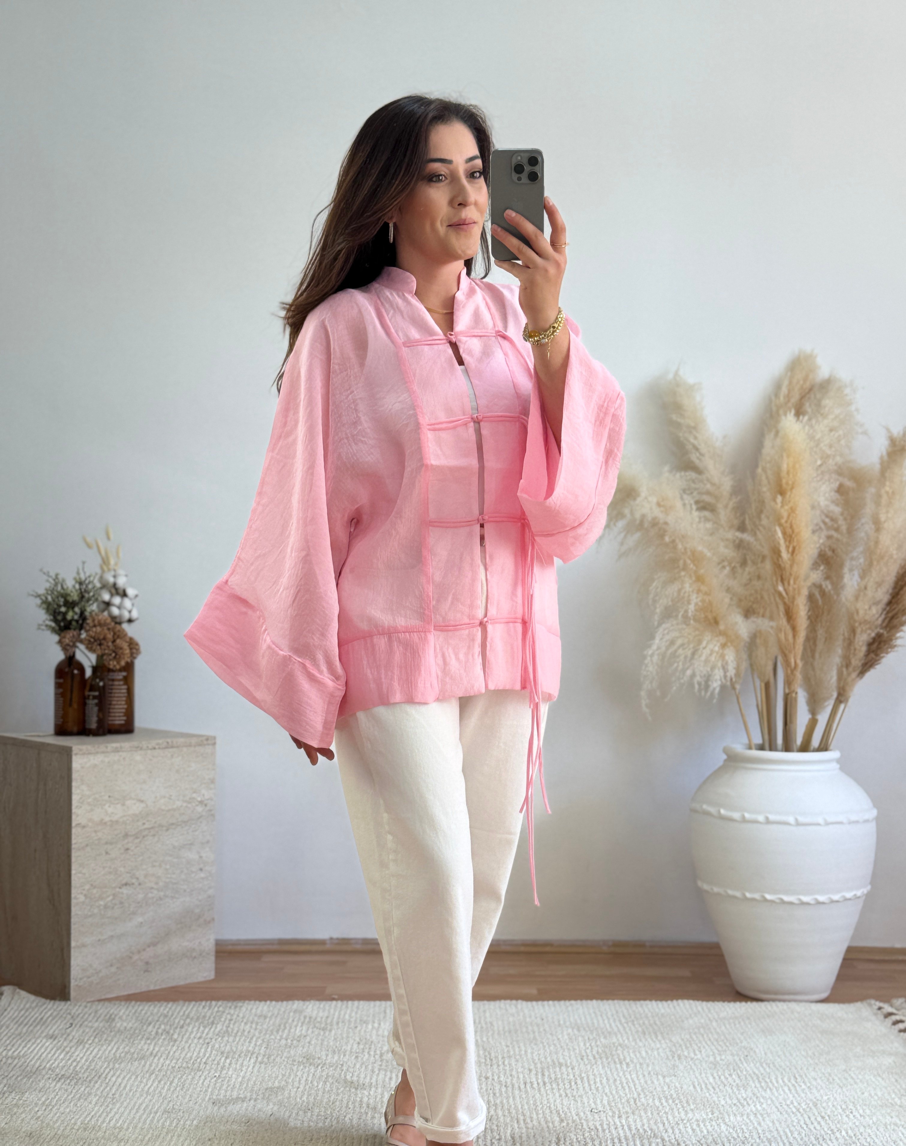 Çin Yaka Bağlama Detaylı Bluz-Pembe