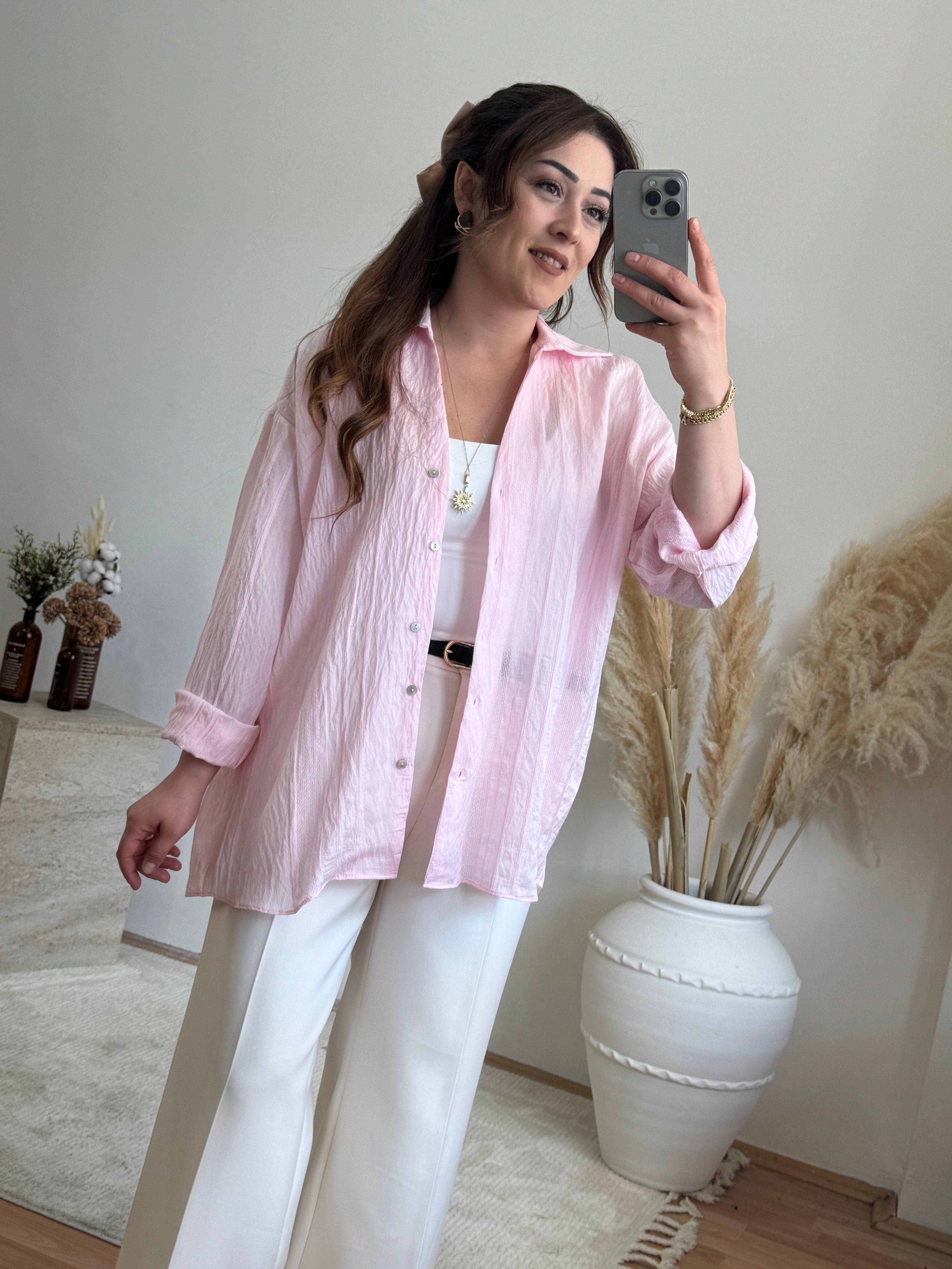 Çizgi dokulu transparan gömlek-Pembe