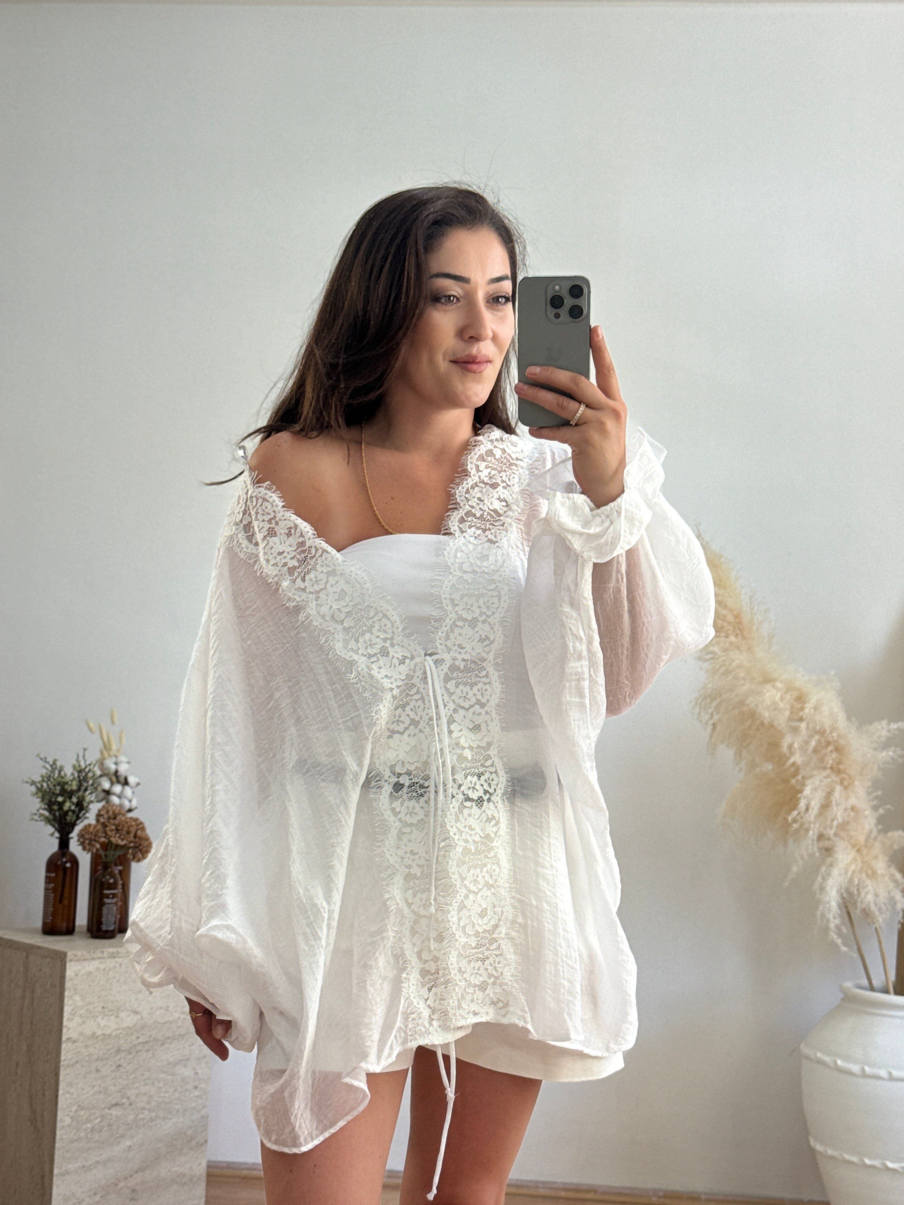 Dantel Detaylı Bağlamalı Kimono – Beyaz