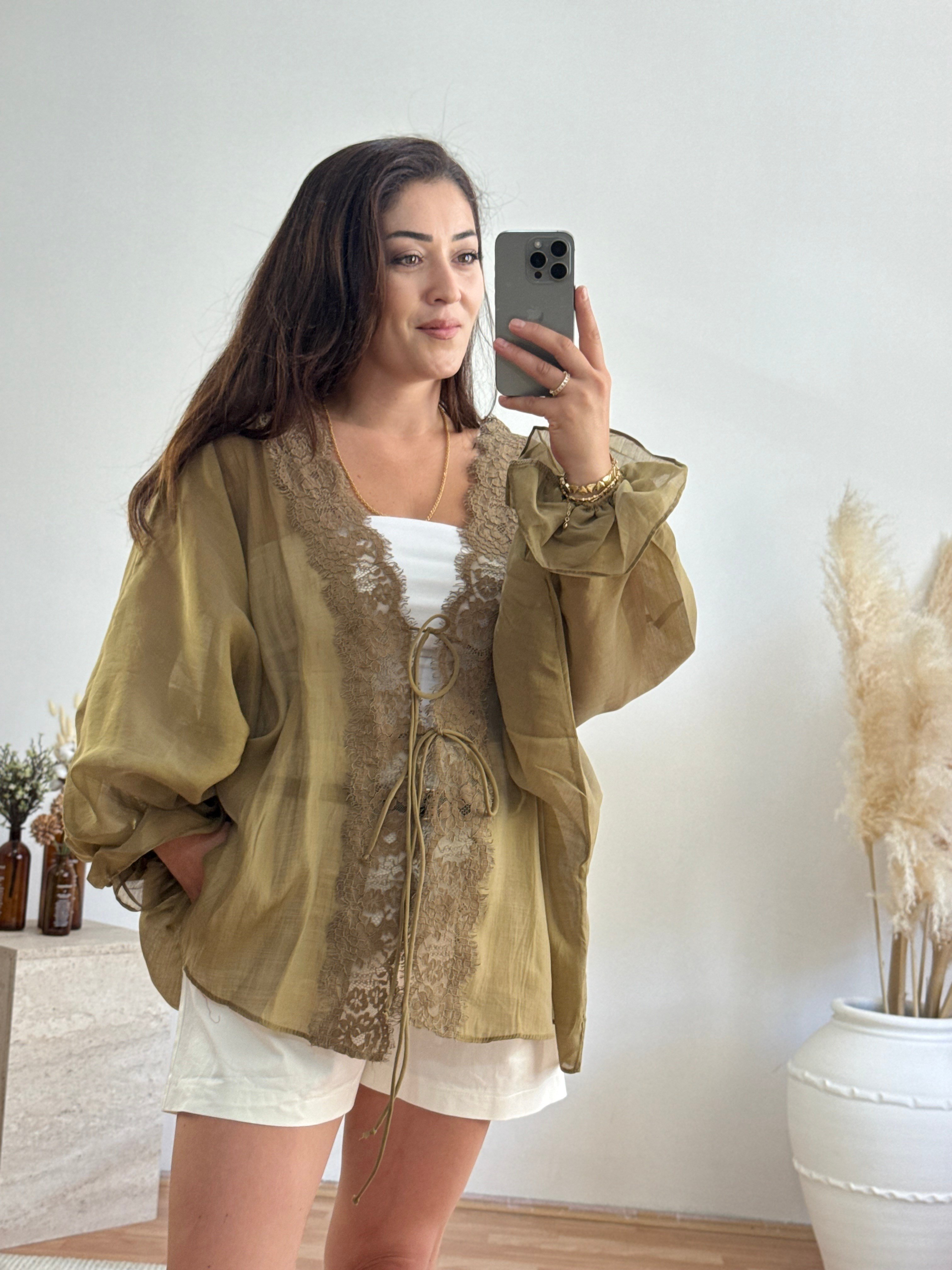 Dantel Detaylı Bağlamalı Kimono – Haki