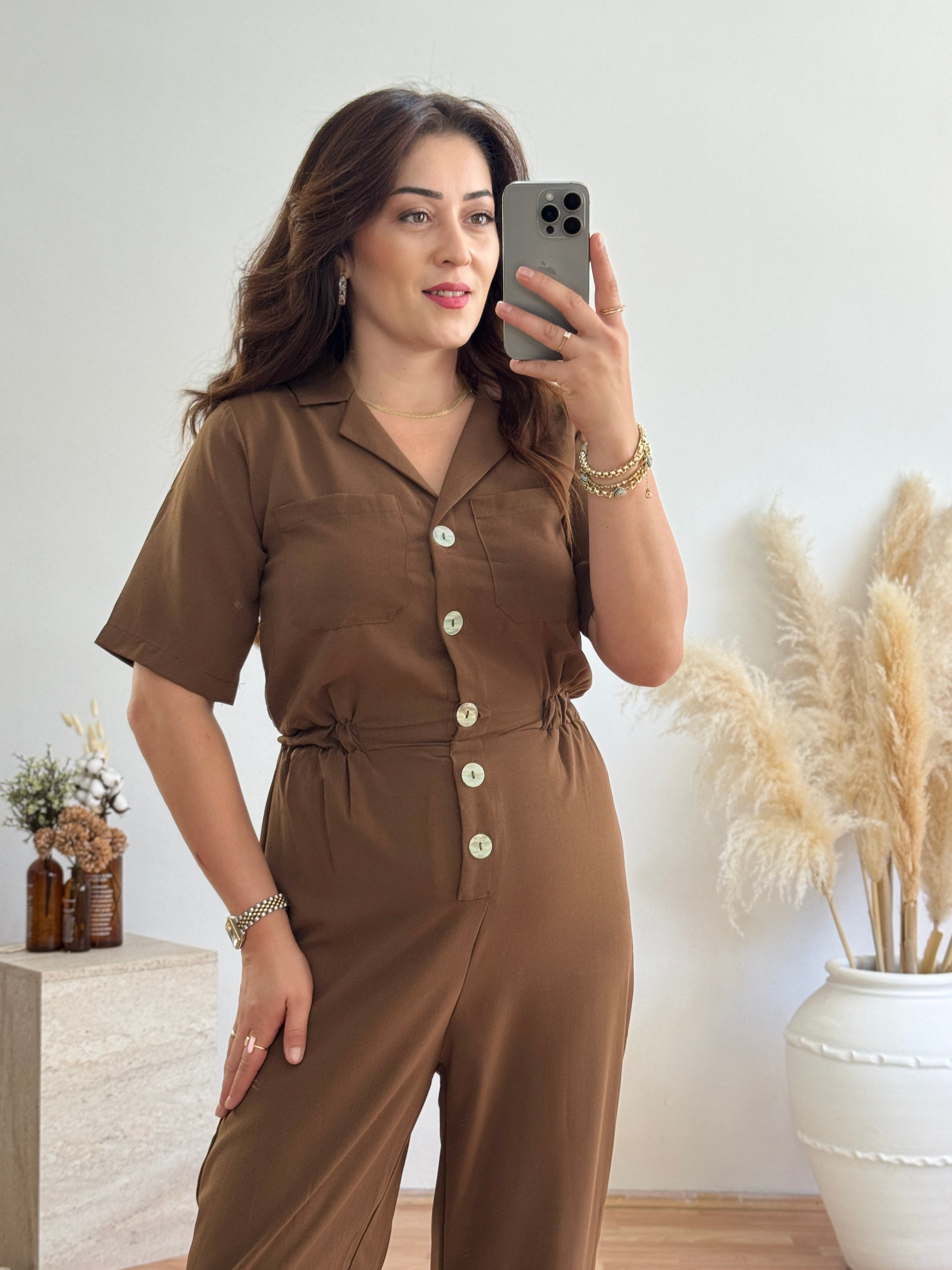 Düğme Detaylı Bel Lastikli Tulum-Kahve