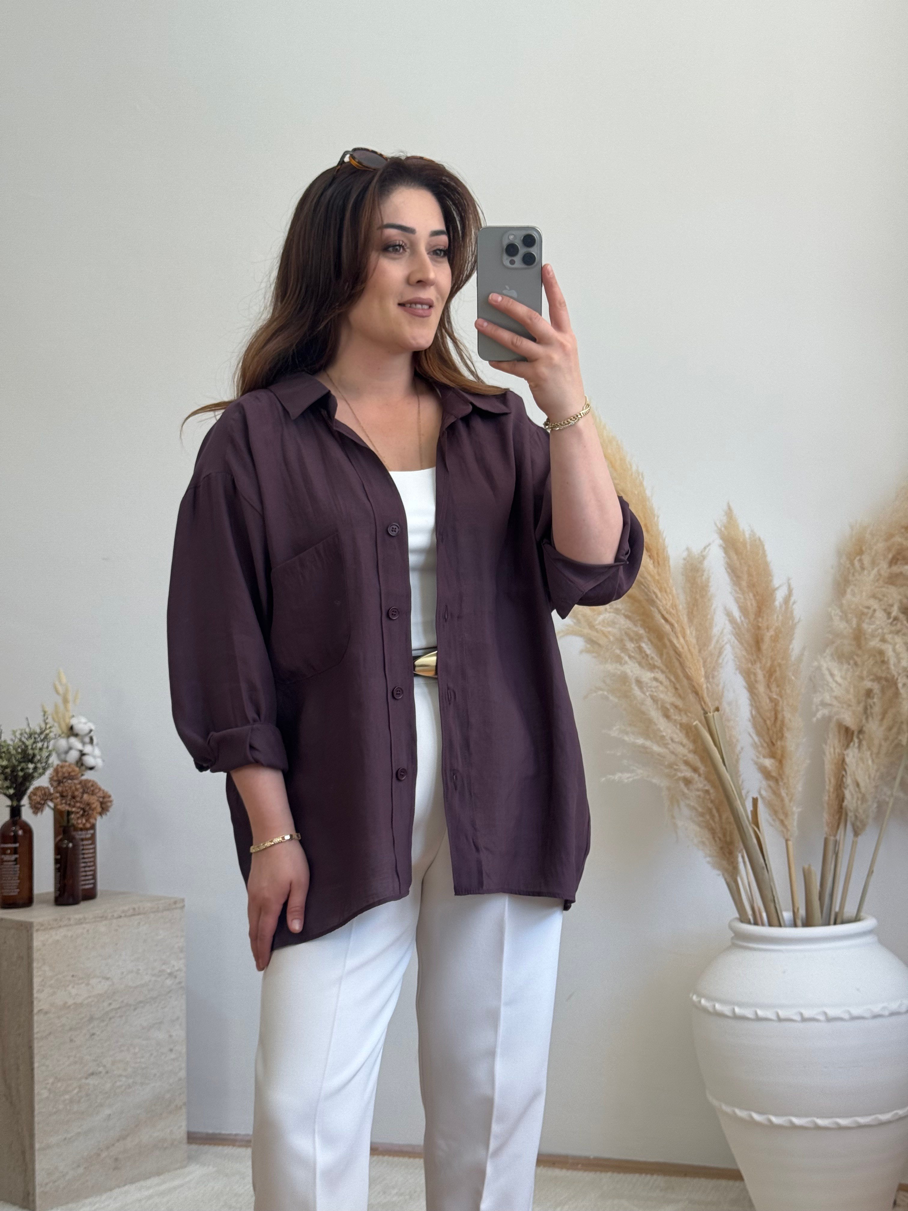 Düşük Omuz Oversize Gömlek-Mürdüm