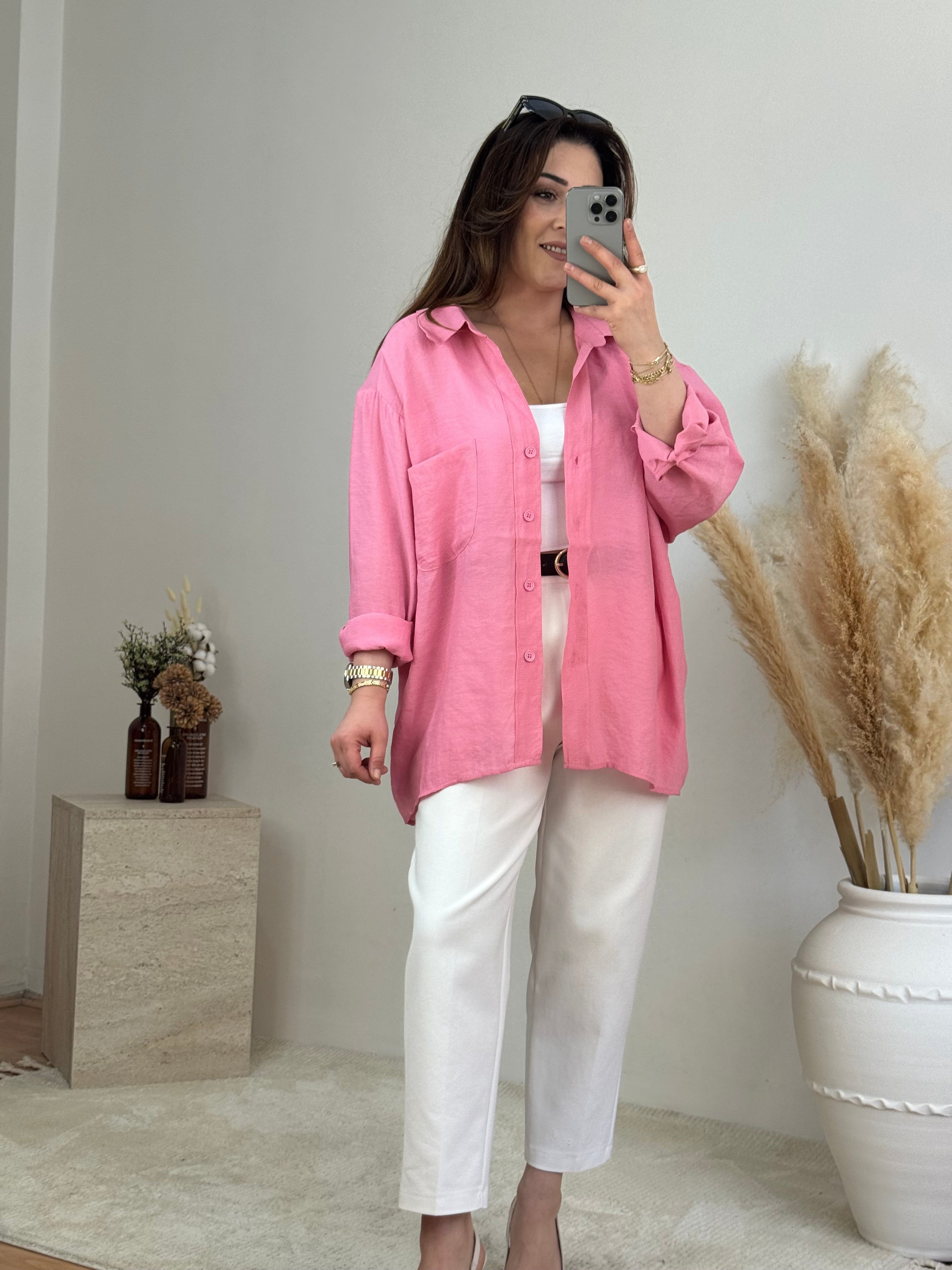 Düşük Omuz Oversize Gömlek- Pembe