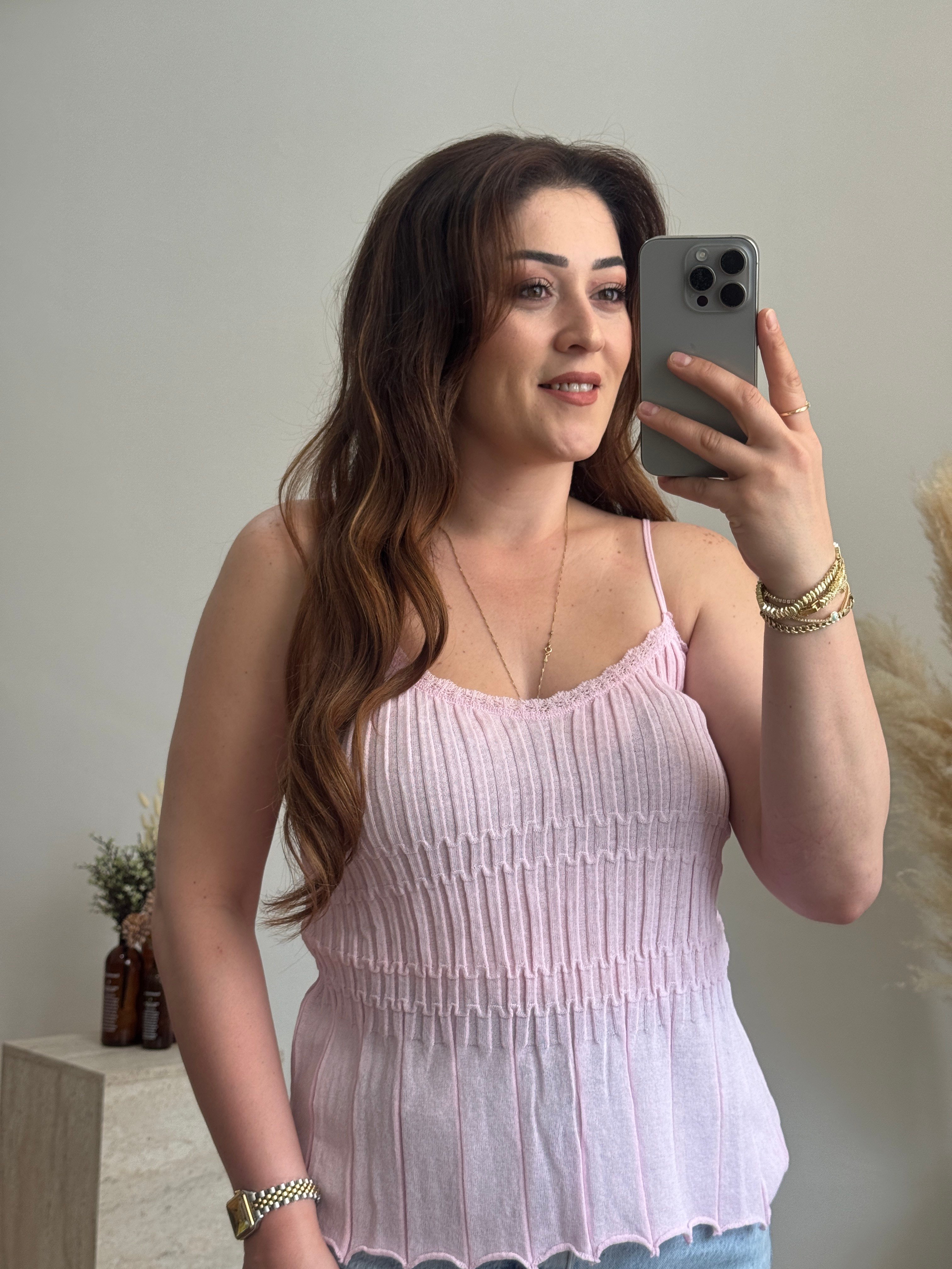 Fitilli Askılı Triko Bluz-Pembe