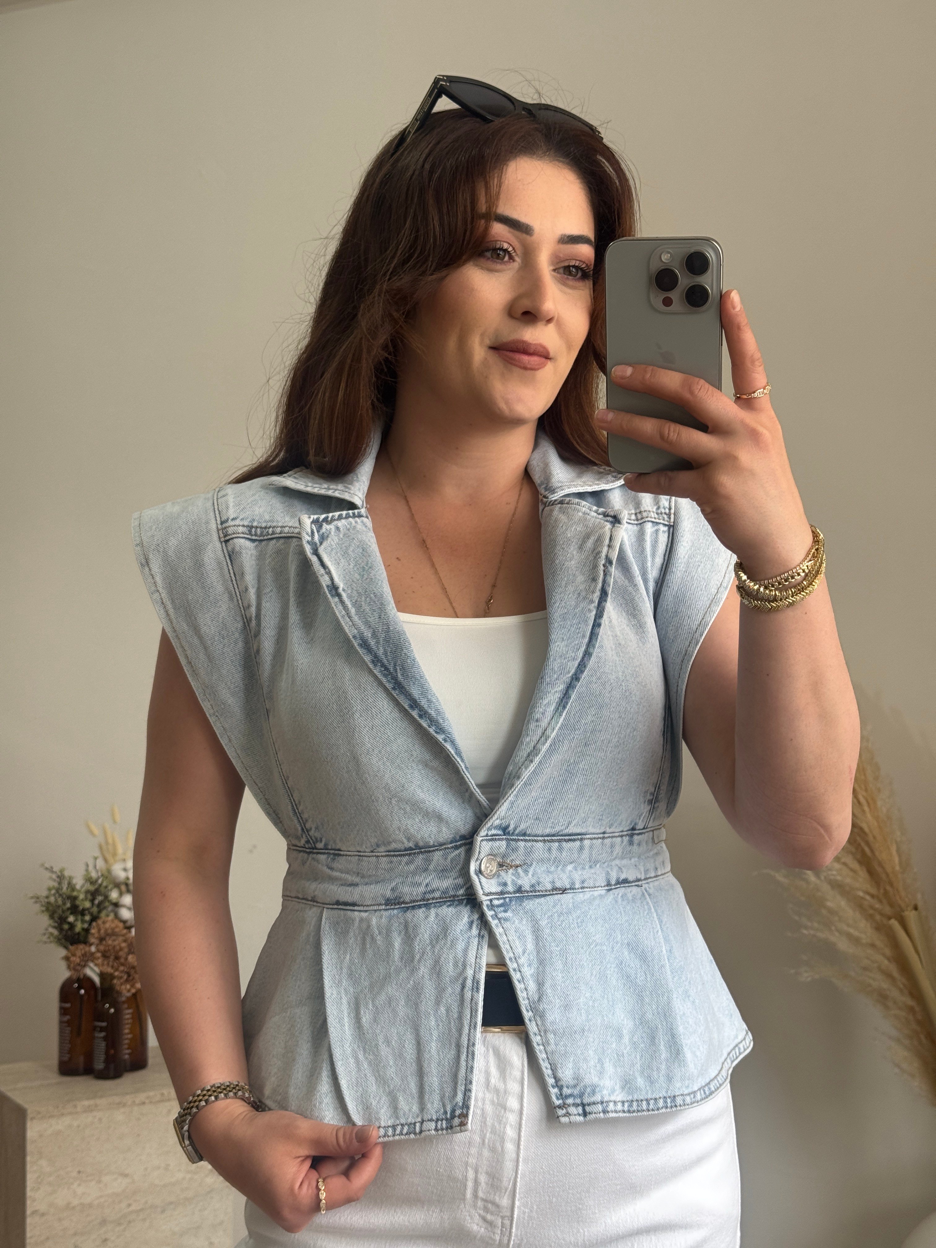 Kar Yıkama Denim Yelek Açık Mavi