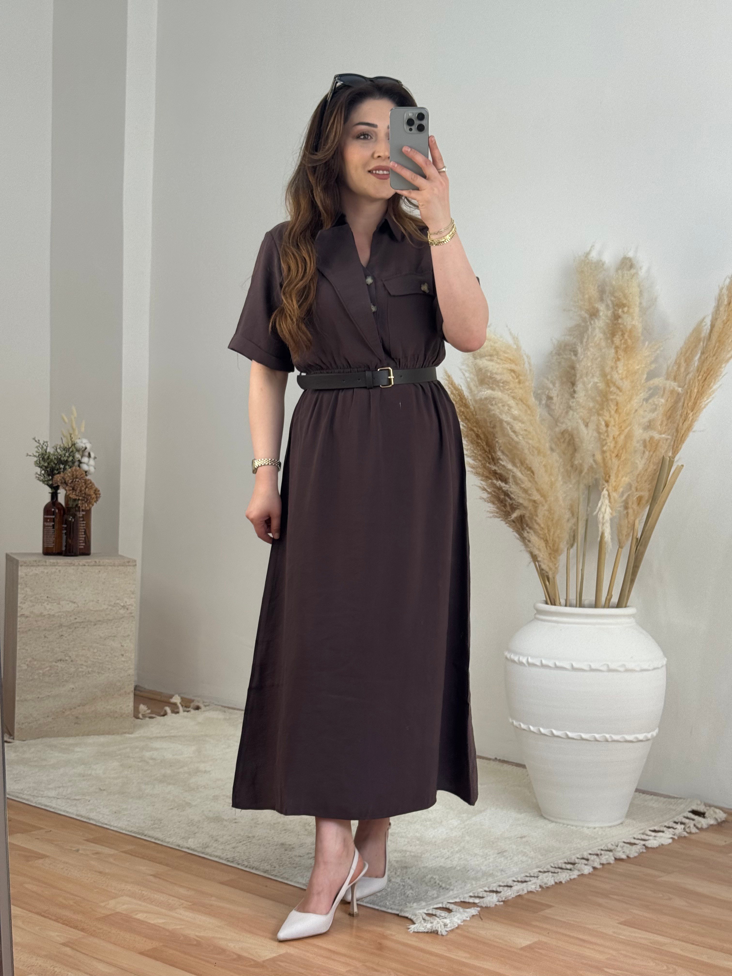 Kemer Detaylı Midi Elbise – Kahve