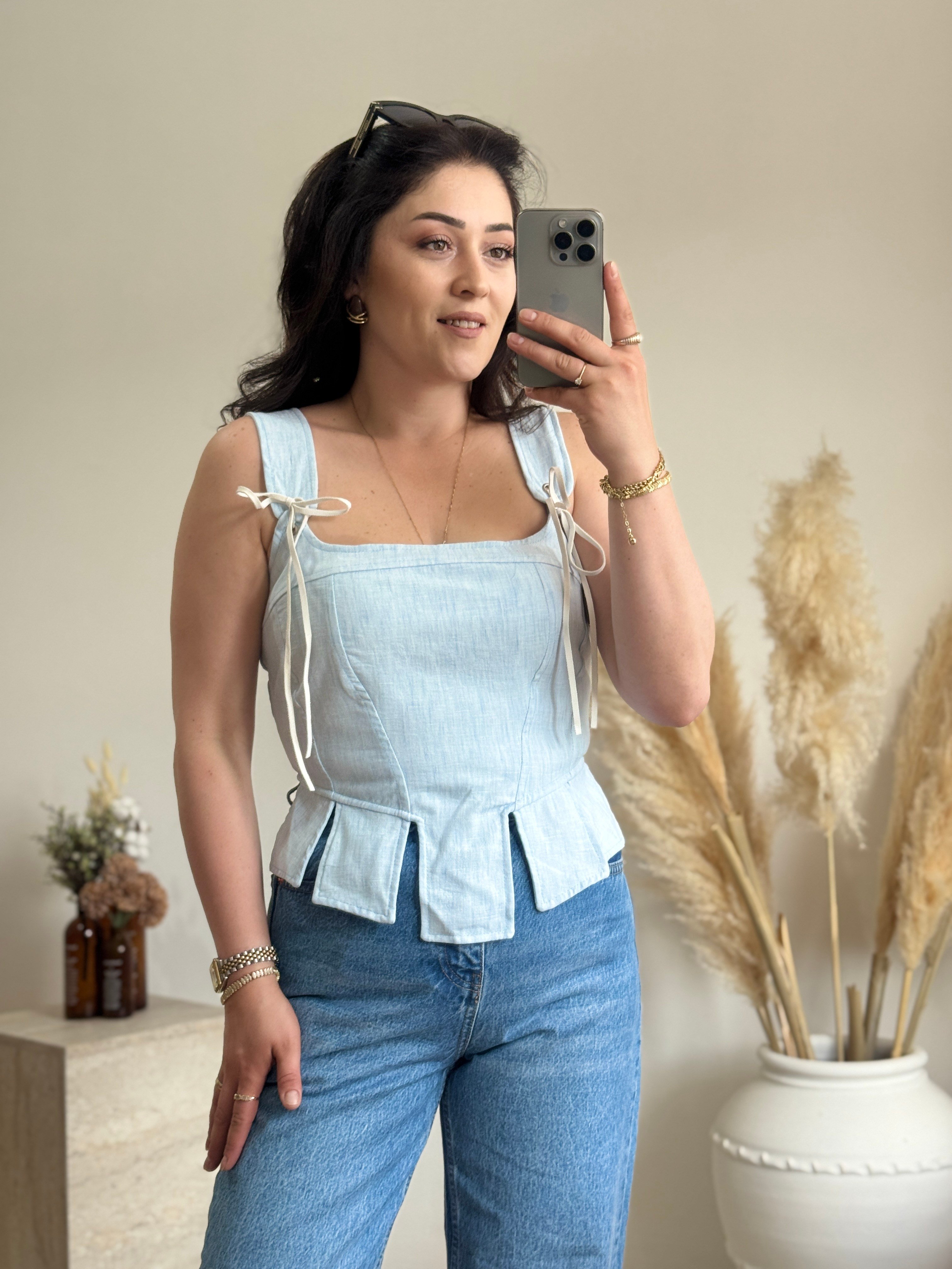 Korse Detaylı Poplin Bluz-Mavi