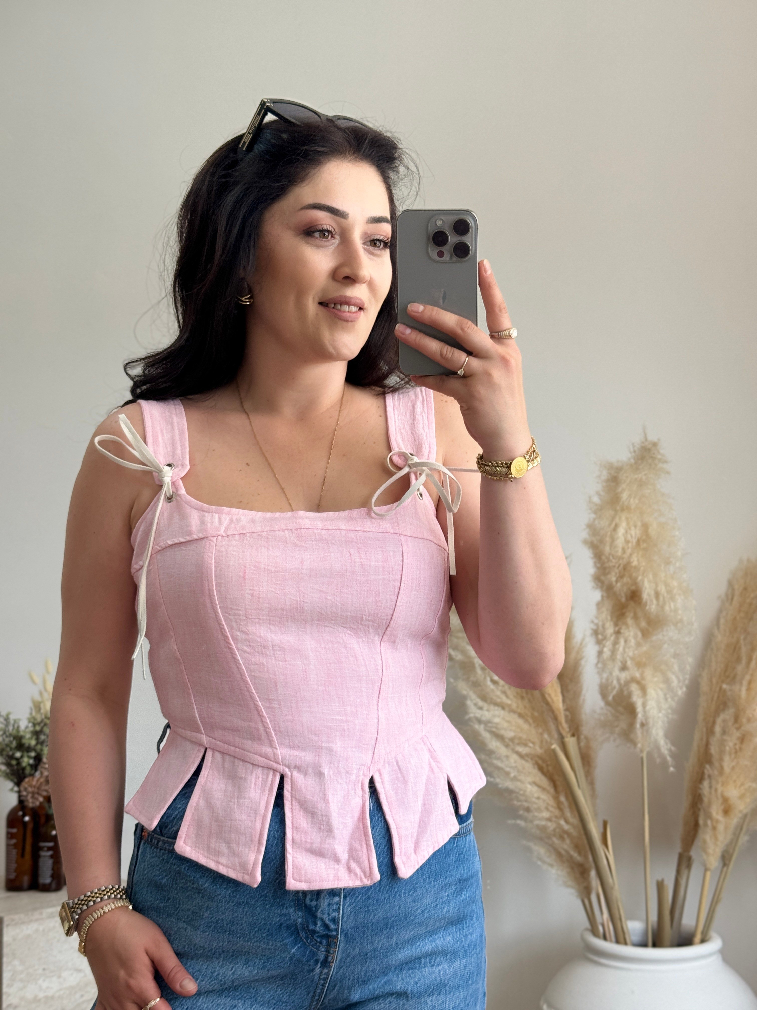 Korse Detaylı Poplin Bluz-Pembe