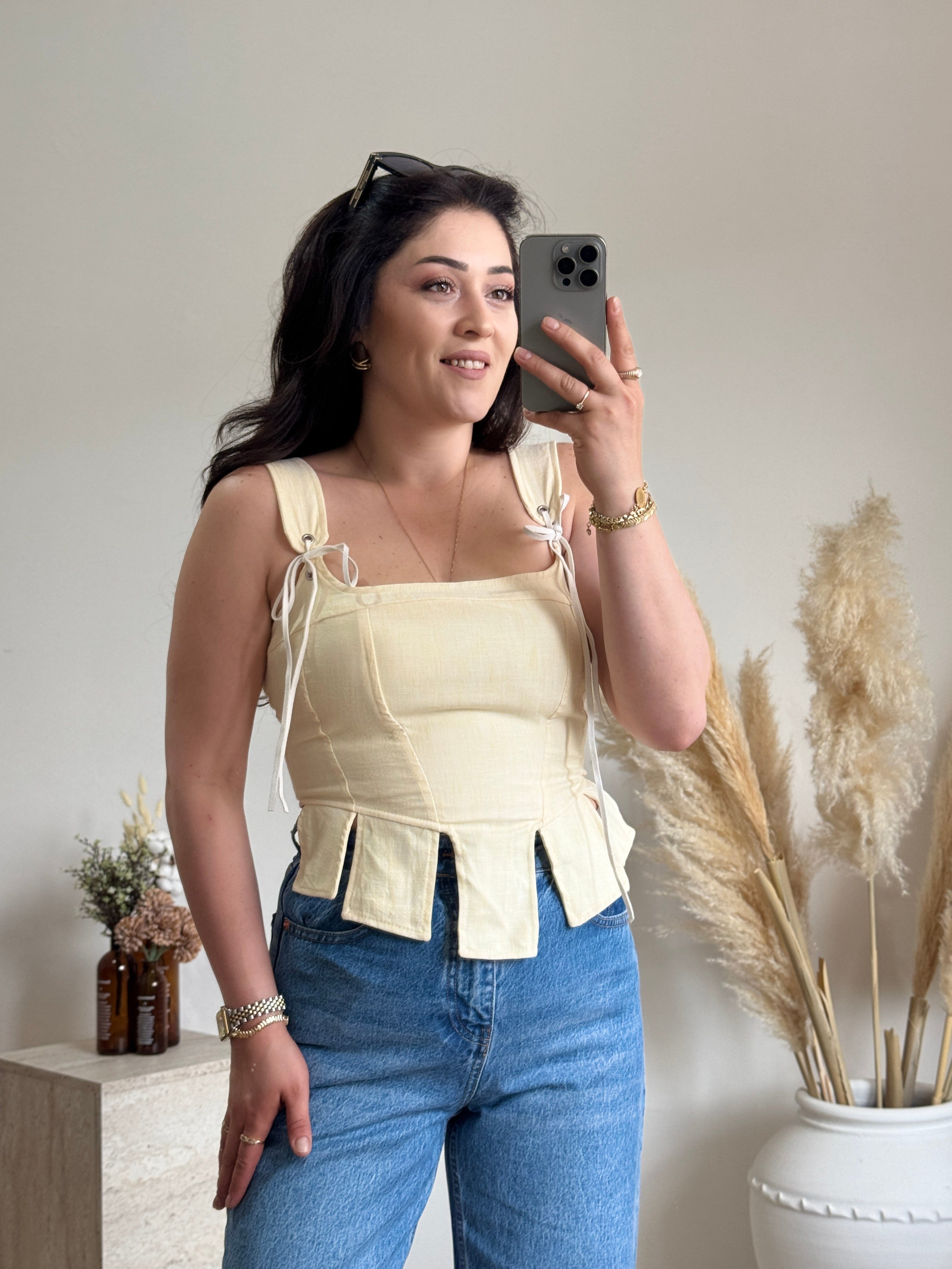 Korse Detaylı Poplin Bluz-Sarı