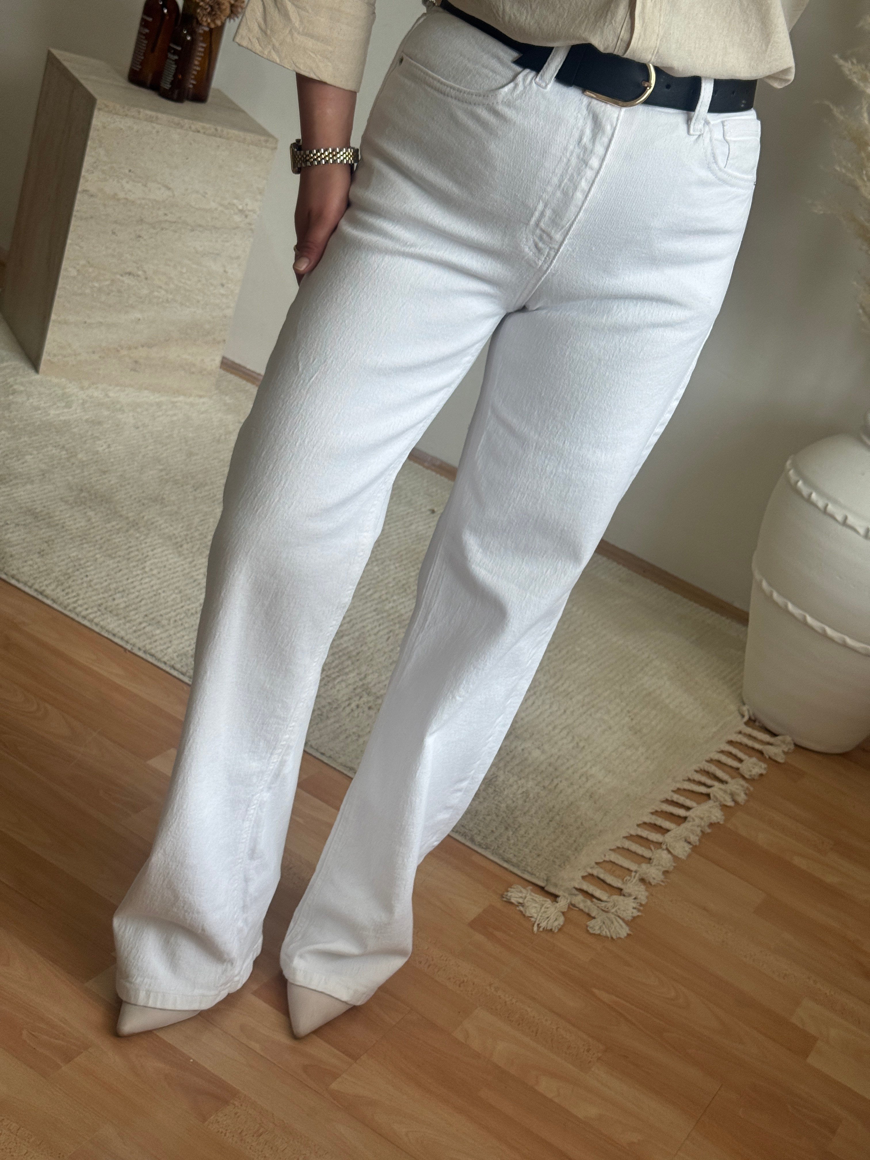 Likralı Yüksek Bel Beyaz Jean