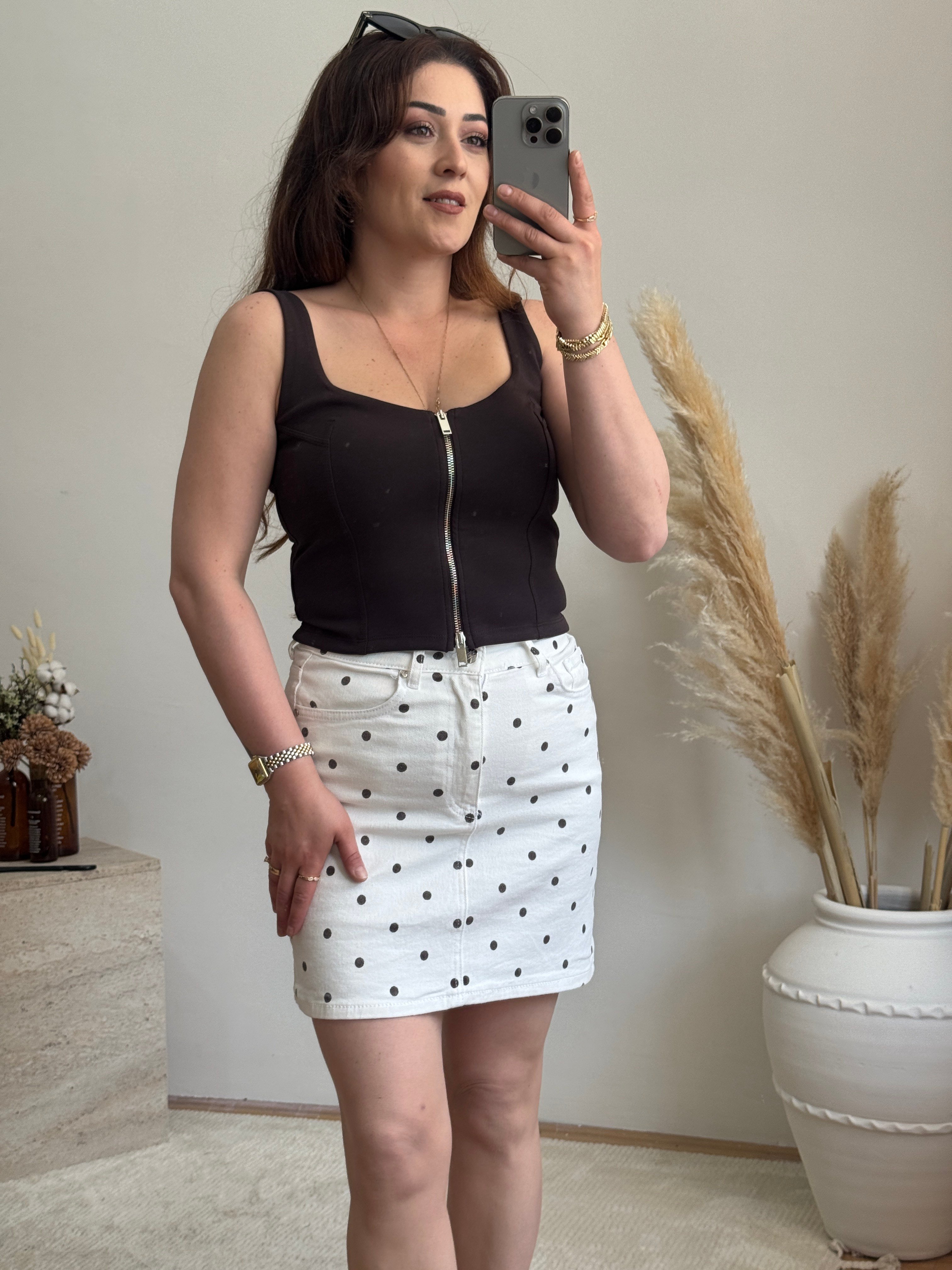 Ön Fermuar Detaylı Fit Crop Bluz-Kahve