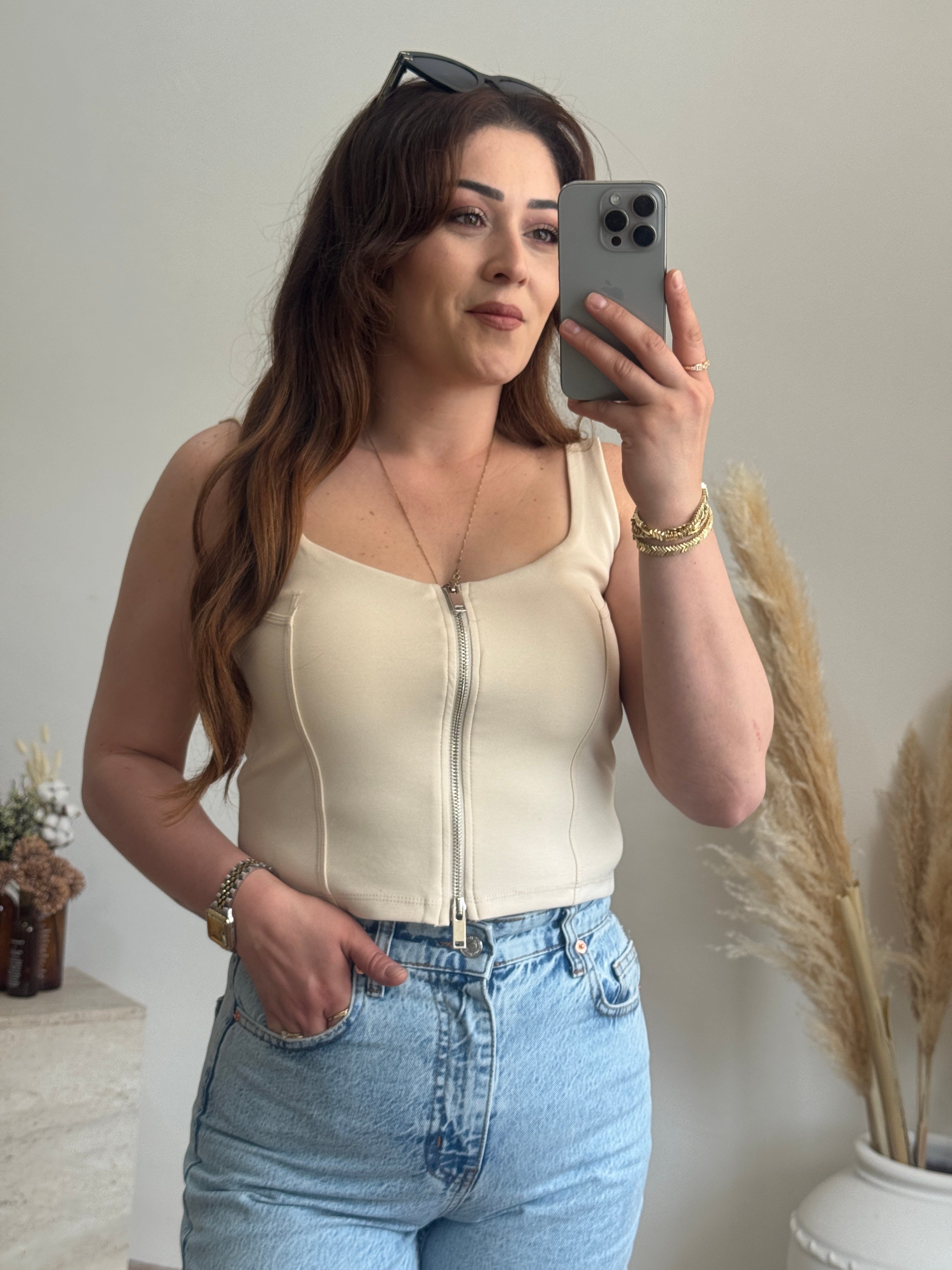 Ön Fermuar Detaylı Fit Crop Bluz-Taş