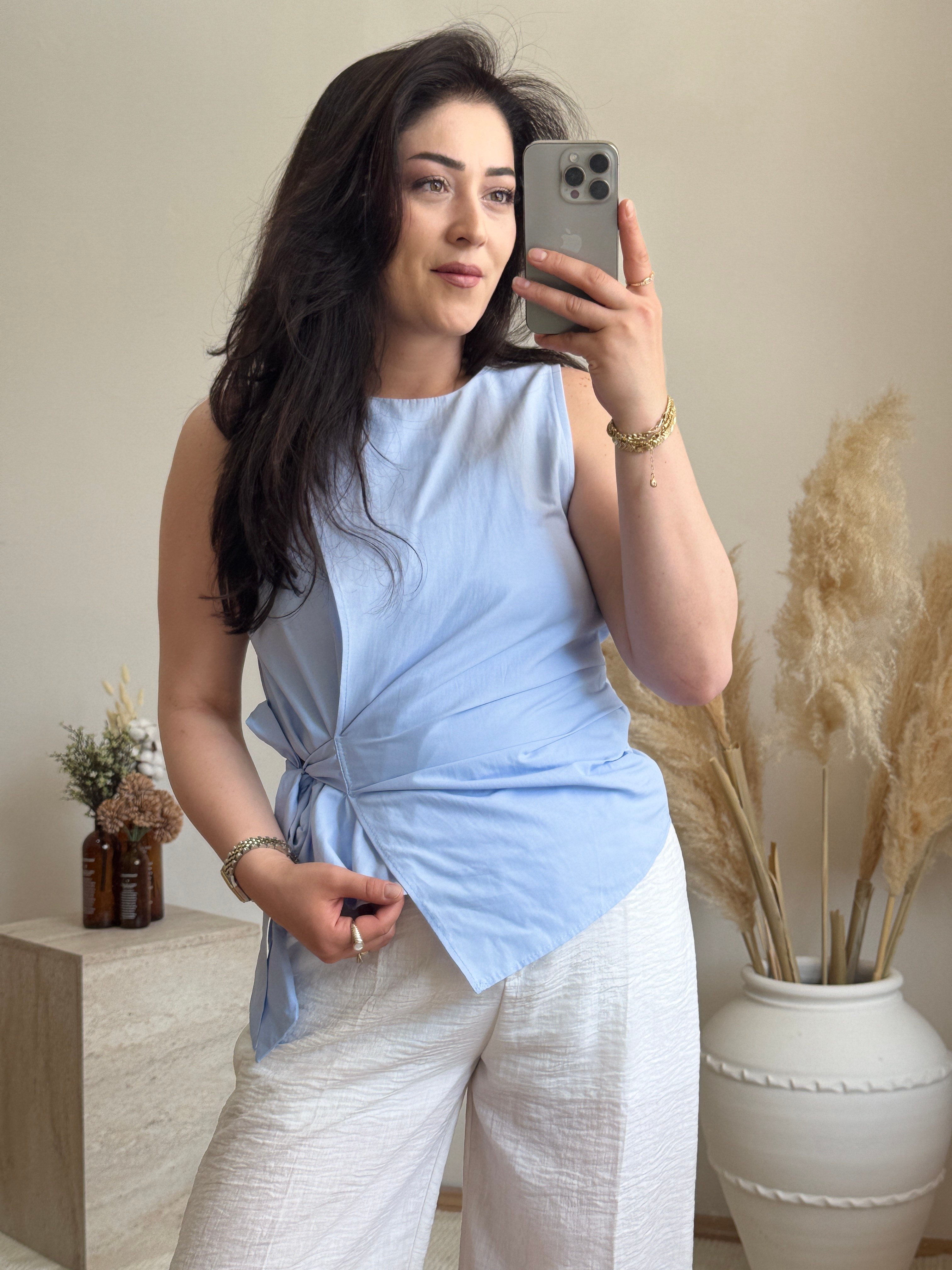 Poplin Bağlama Detaylı Bluz-Mavi