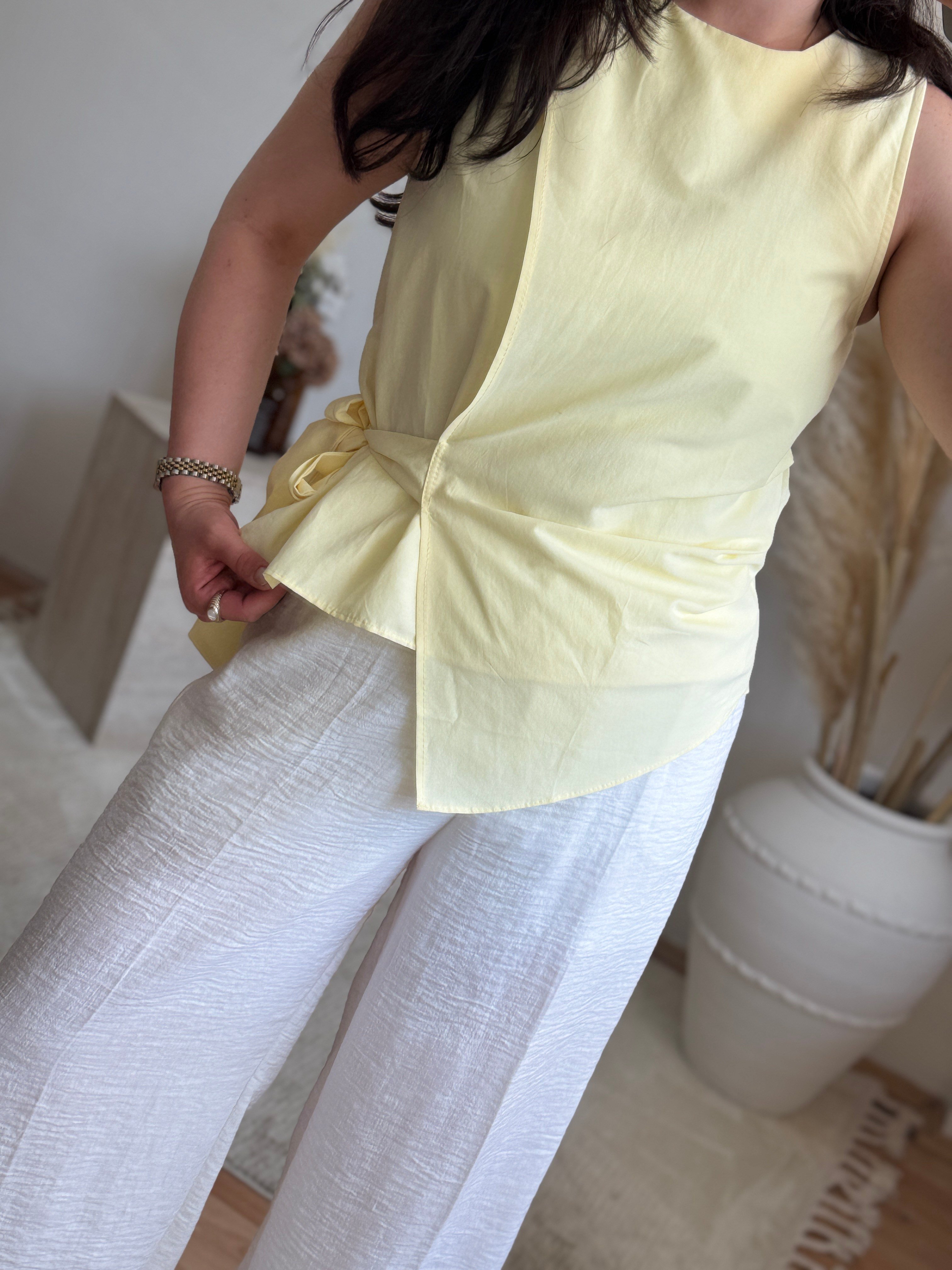 Poplin Bağlama Detaylı Bluz-Sarı