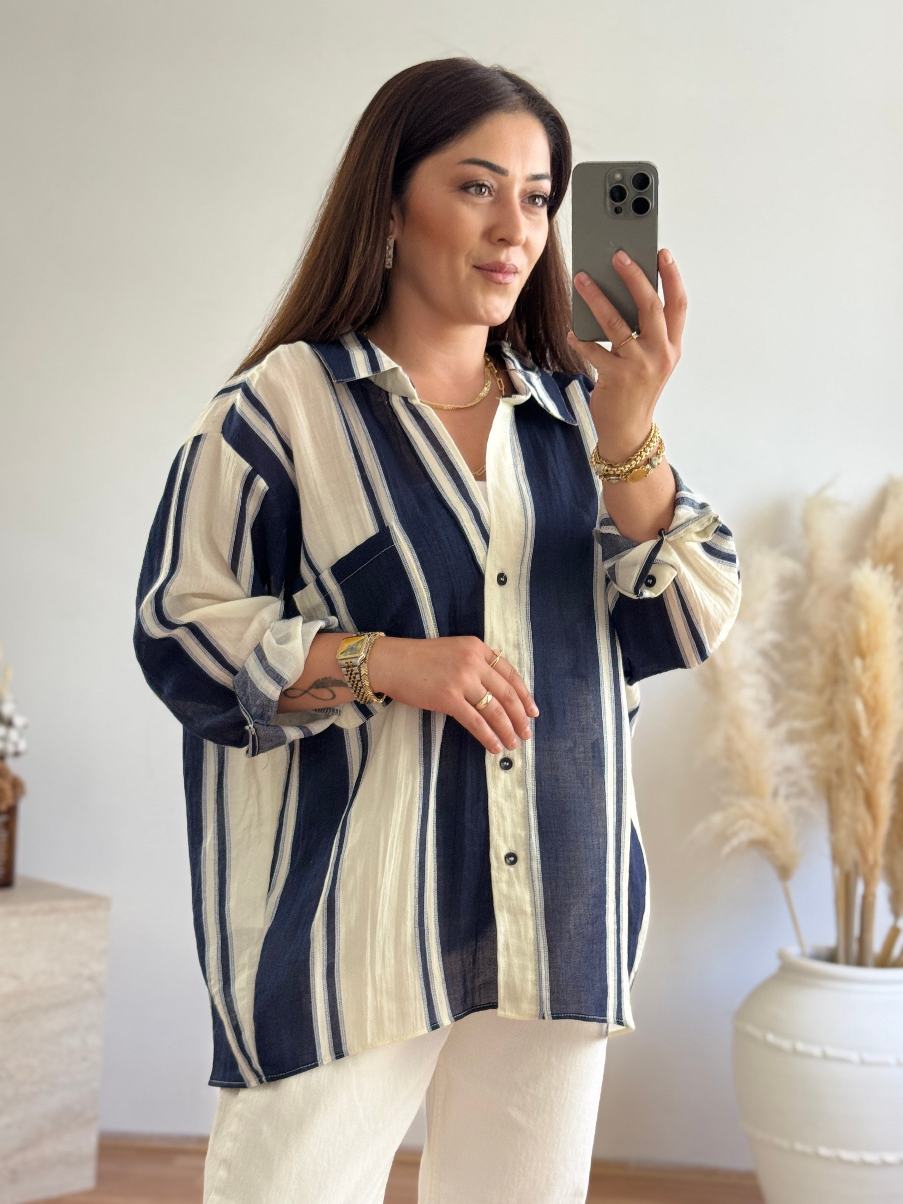Premium Oversize Çizgili Gömlek-Lacivert