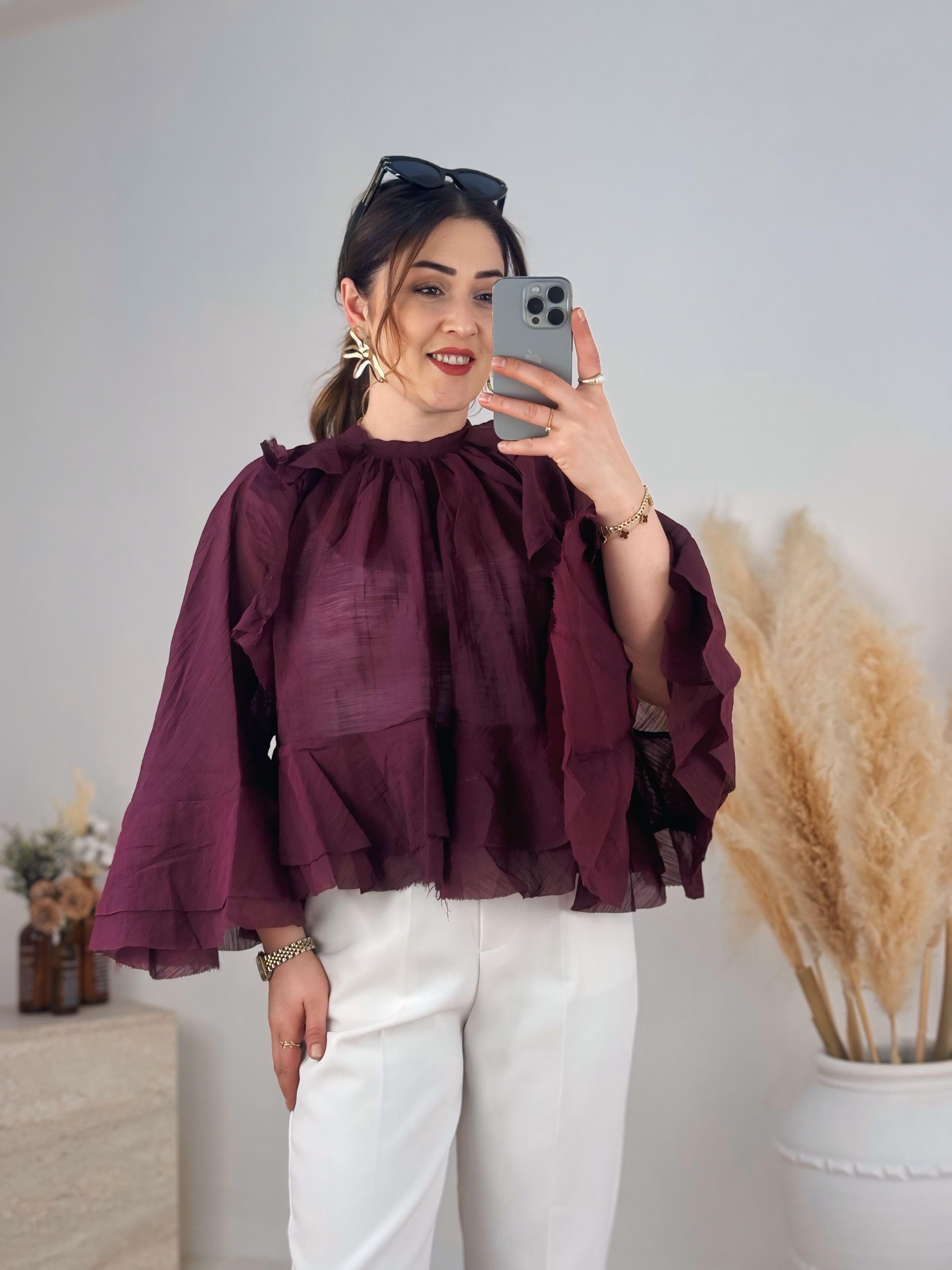 Şifon Volan Detaylı Bluz-Bordo