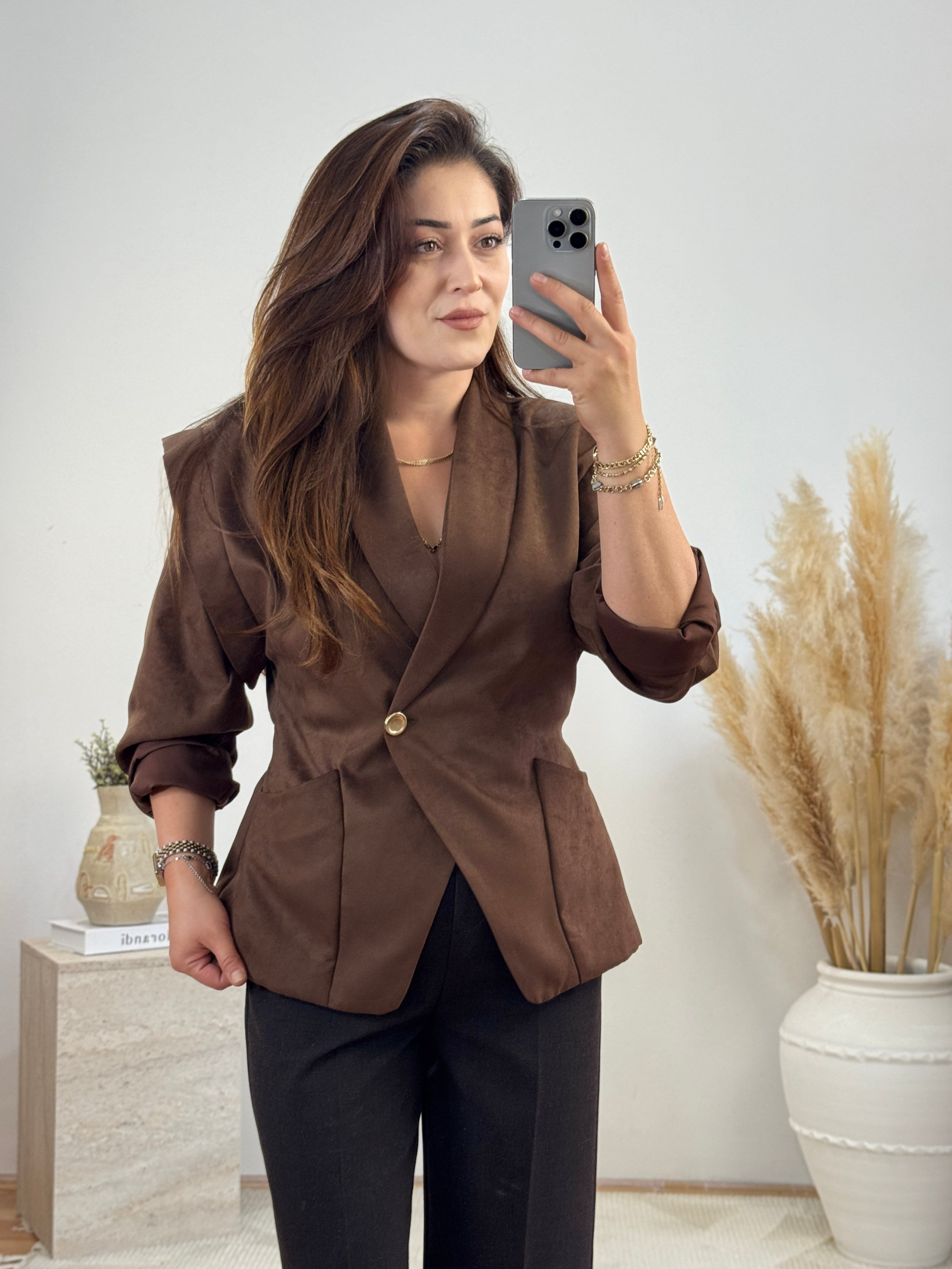 Vatkalı Şal Yaka Tek Düğmeli Blazer Ceket-Kahverengi