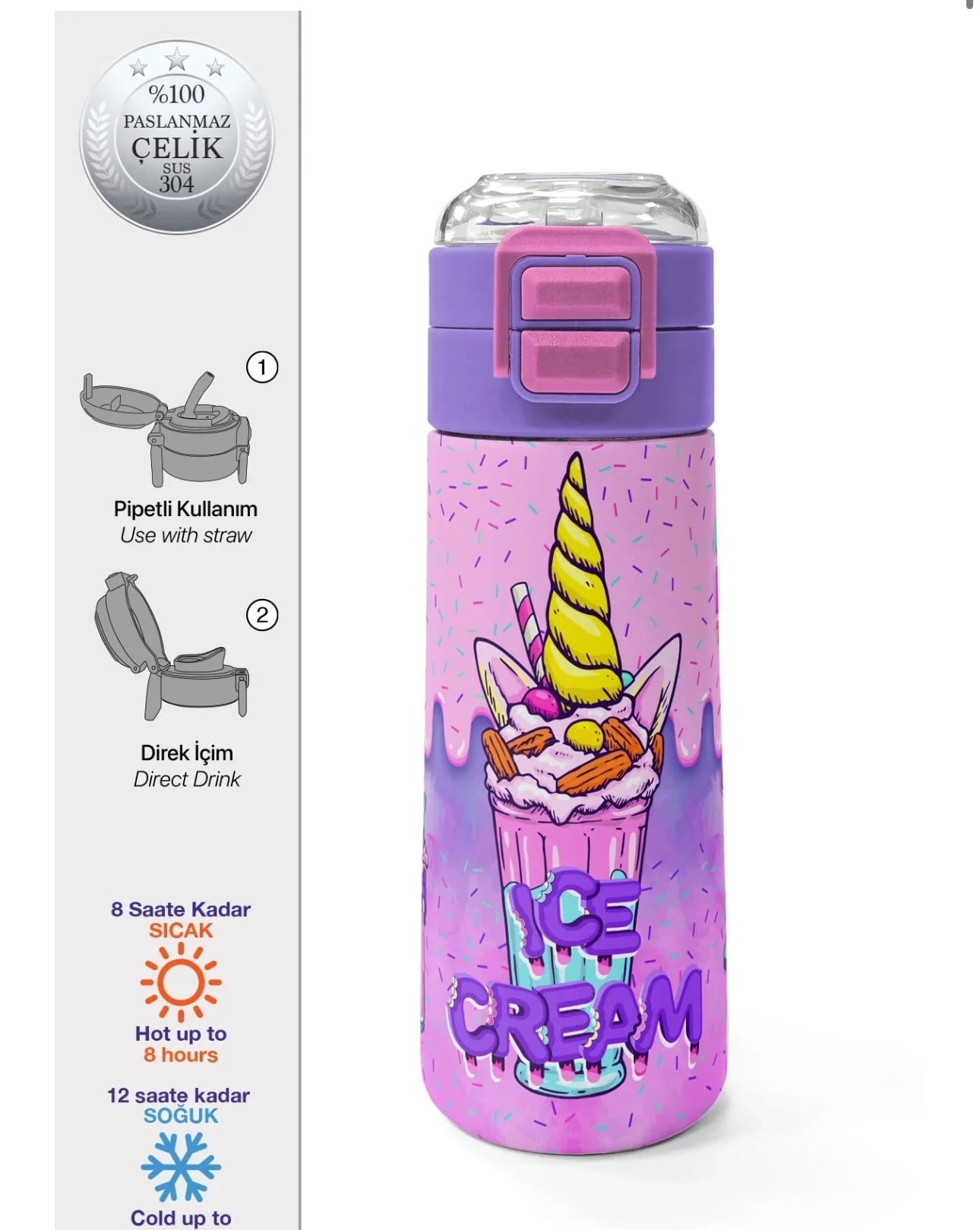 Coral High Pembe Mor Milkshake Dondurma Desenli Çelik Suluk Termos