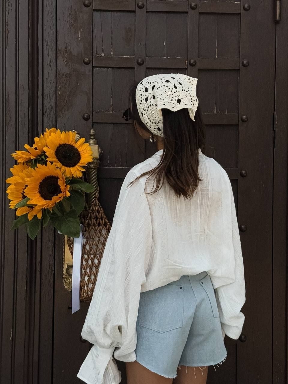 Krem Renk Sade Bohem Örme Bandana