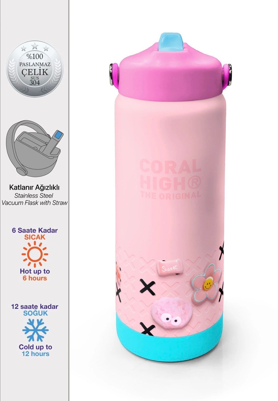 Coral High 650 Ml Pembe Papatya Crocs Model Katlanır Ağızlıklı Termos Suluk