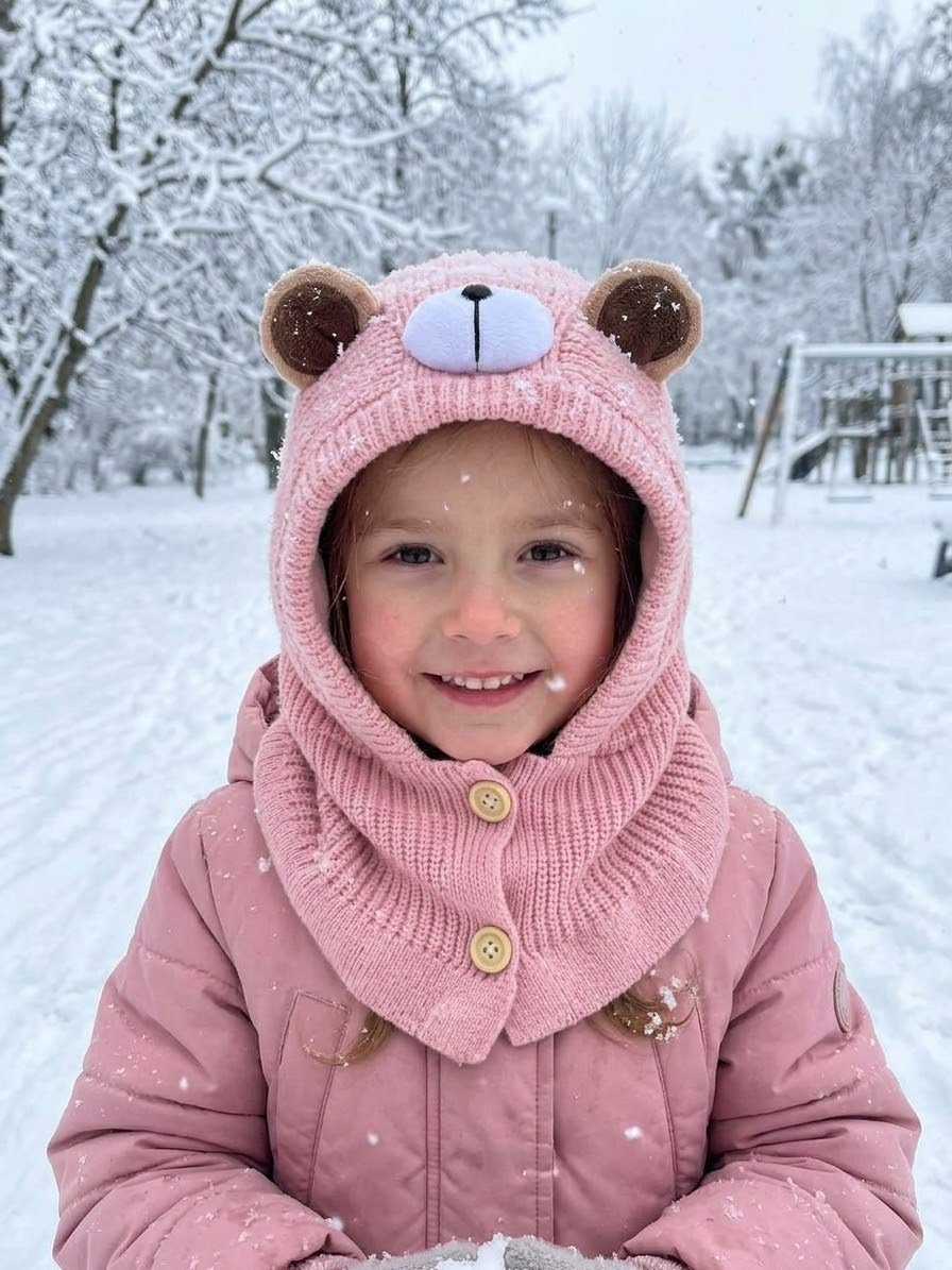 Pembe Ayıcık Düğme Detaylı Balaclava