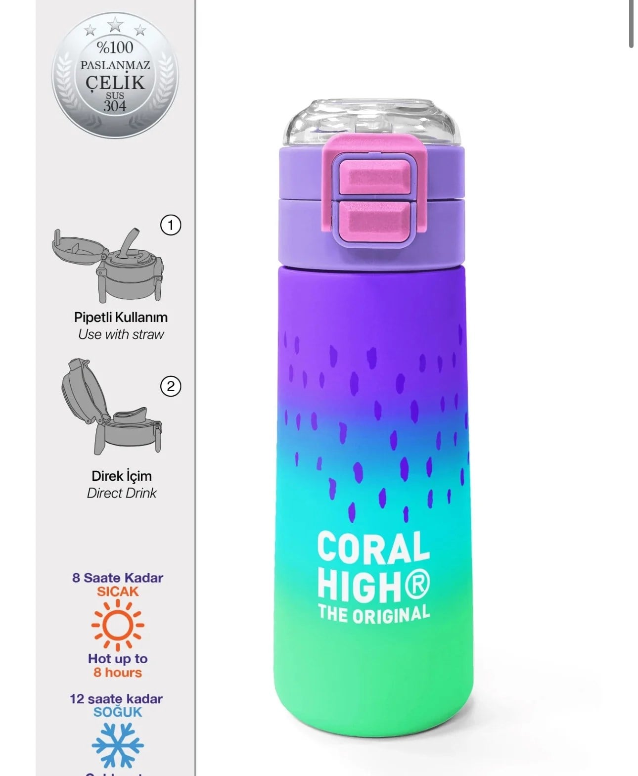 Cıral High Mor Lila Renk Geçişli 500 Ml Termos Suluk