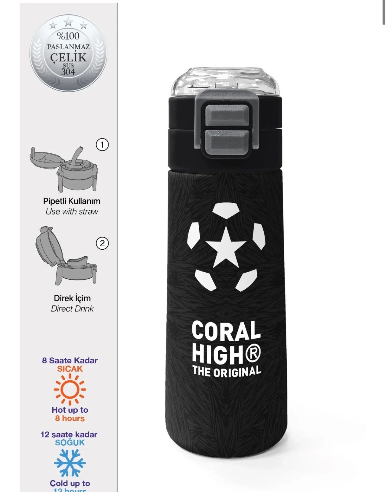 Coral High Siyah Futbol Desenli Pipetli ve Direk İçimli 500 ml Suluk