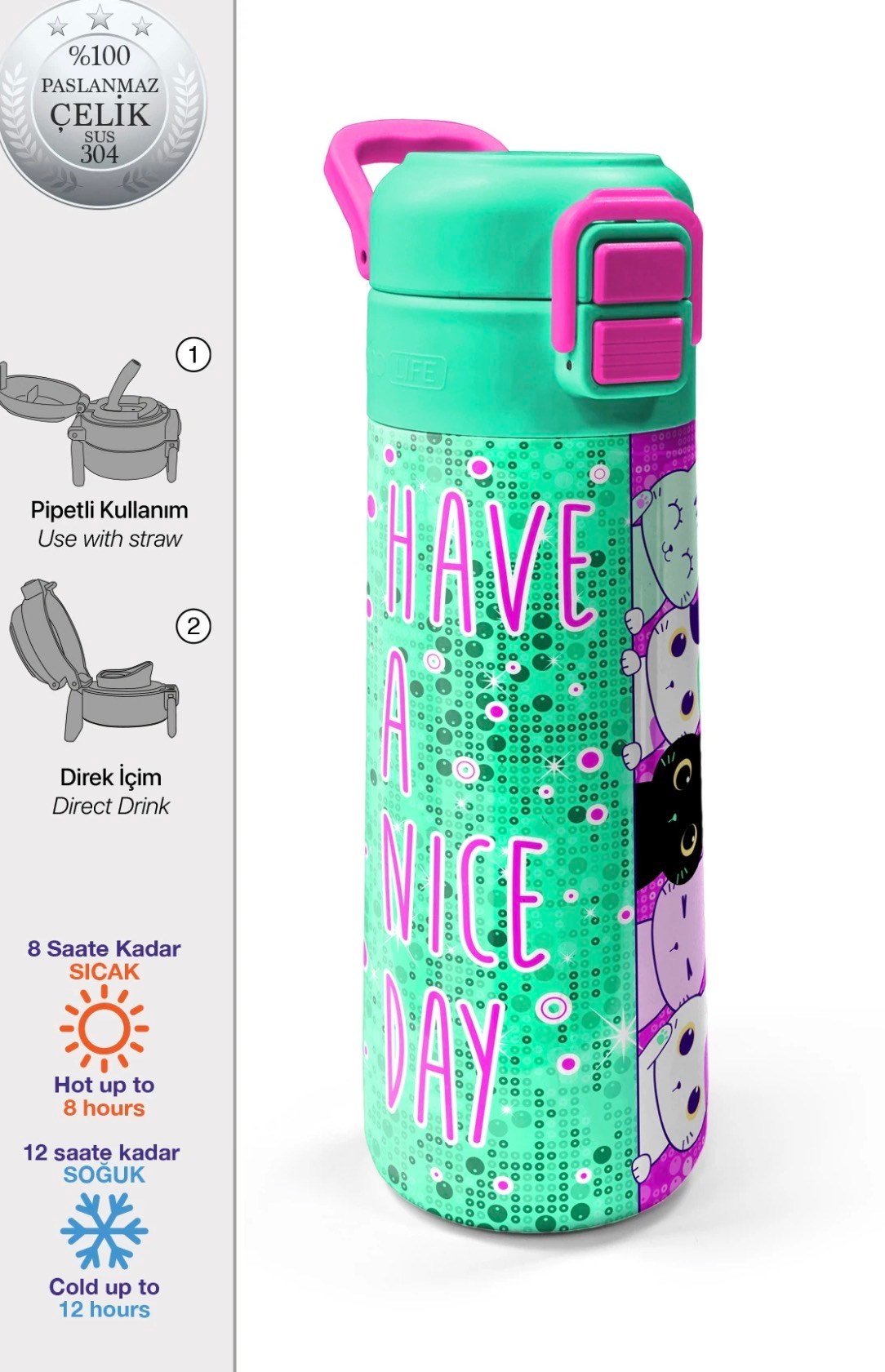 Coral High Kids Pembe Su Yeşili Kedi Desenli Pipetli ve Direkt İçim Çelik Termos 500 ml