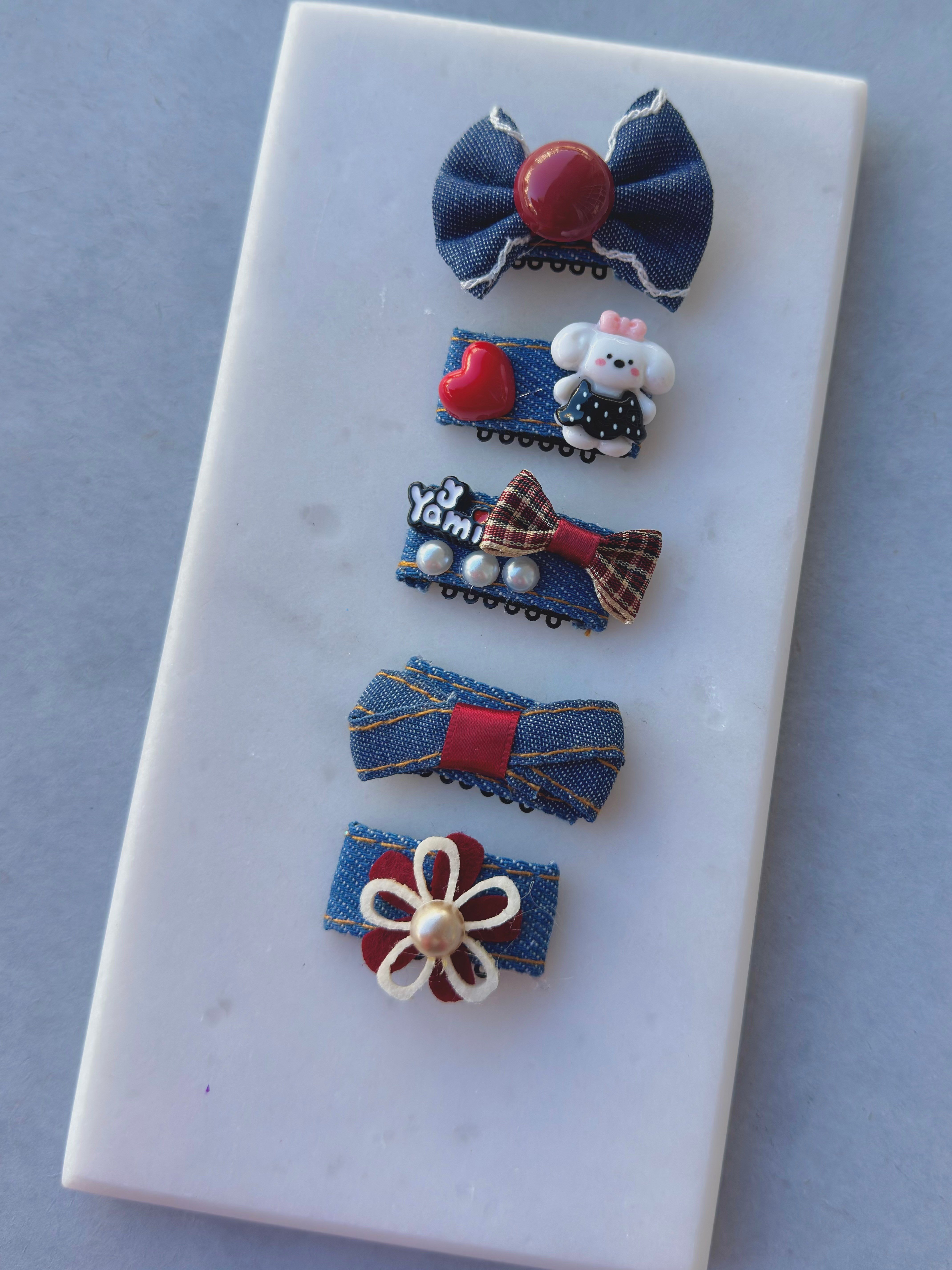 Kot Denim Kurdele İnci Detaylı Saçsız Bebek Tokası 5'li