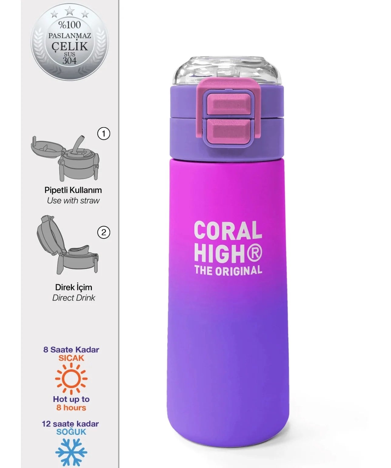 Coral High Mor Renk Geçişli Çelik 500 Ml Suluk