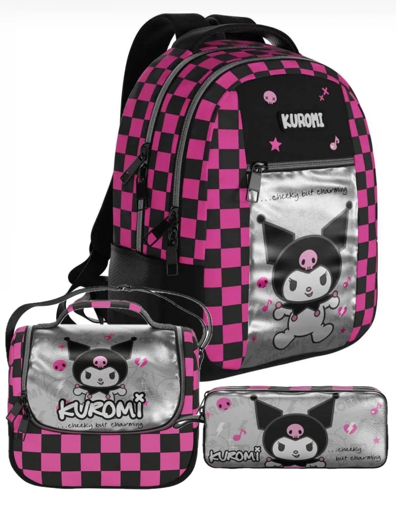 Lisanslı Kuromi Pembe Dama Desenli İlkokul & Ortaokul Çanta  Seti