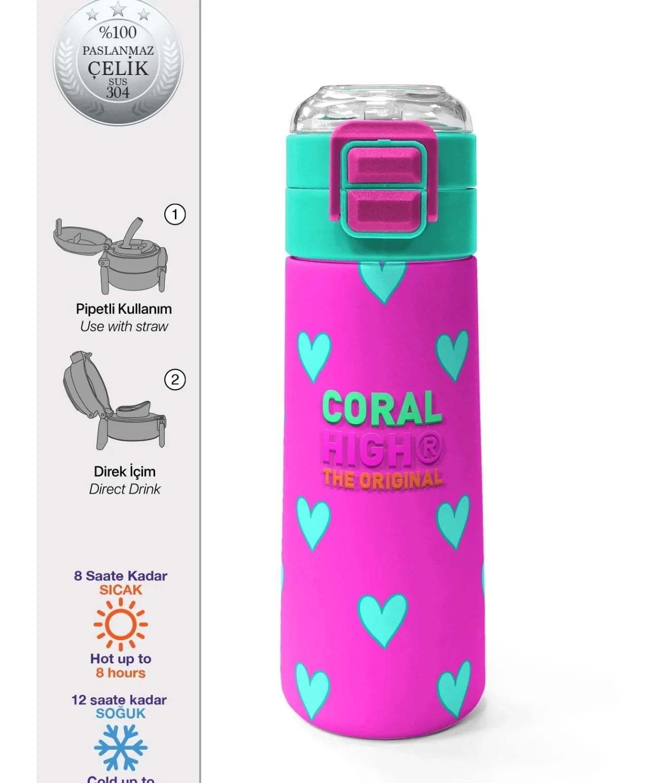 Coral High Kalp Desenli Pipetli ve Direk İçimli 500 ml Suluk