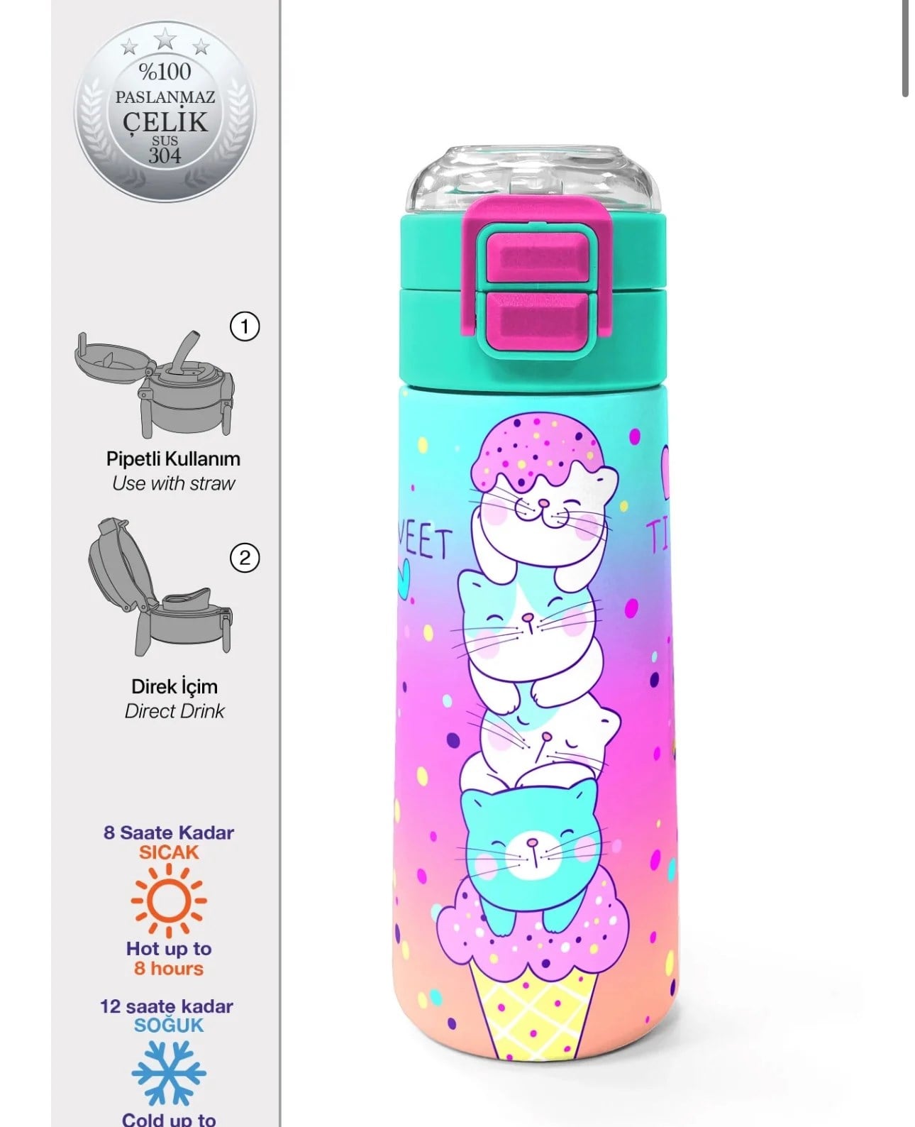 Coral High Dondurmalı Kedi Desenli 500 Ml Çelik Termos Suluk
