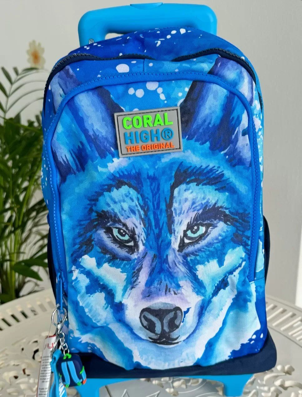 Coral High Kurt Desenli Işıklı Tekerlekli 3 Bölmeli Büyük Okul Çantası