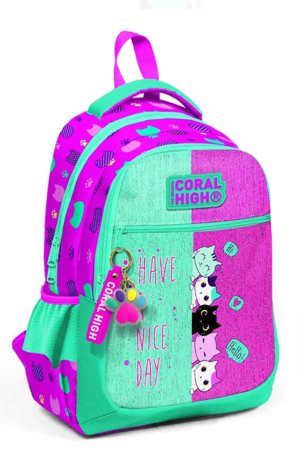Coral High Pembe Su Yeşili Kedi Desenli Simli 3 Bölmeli Çanta