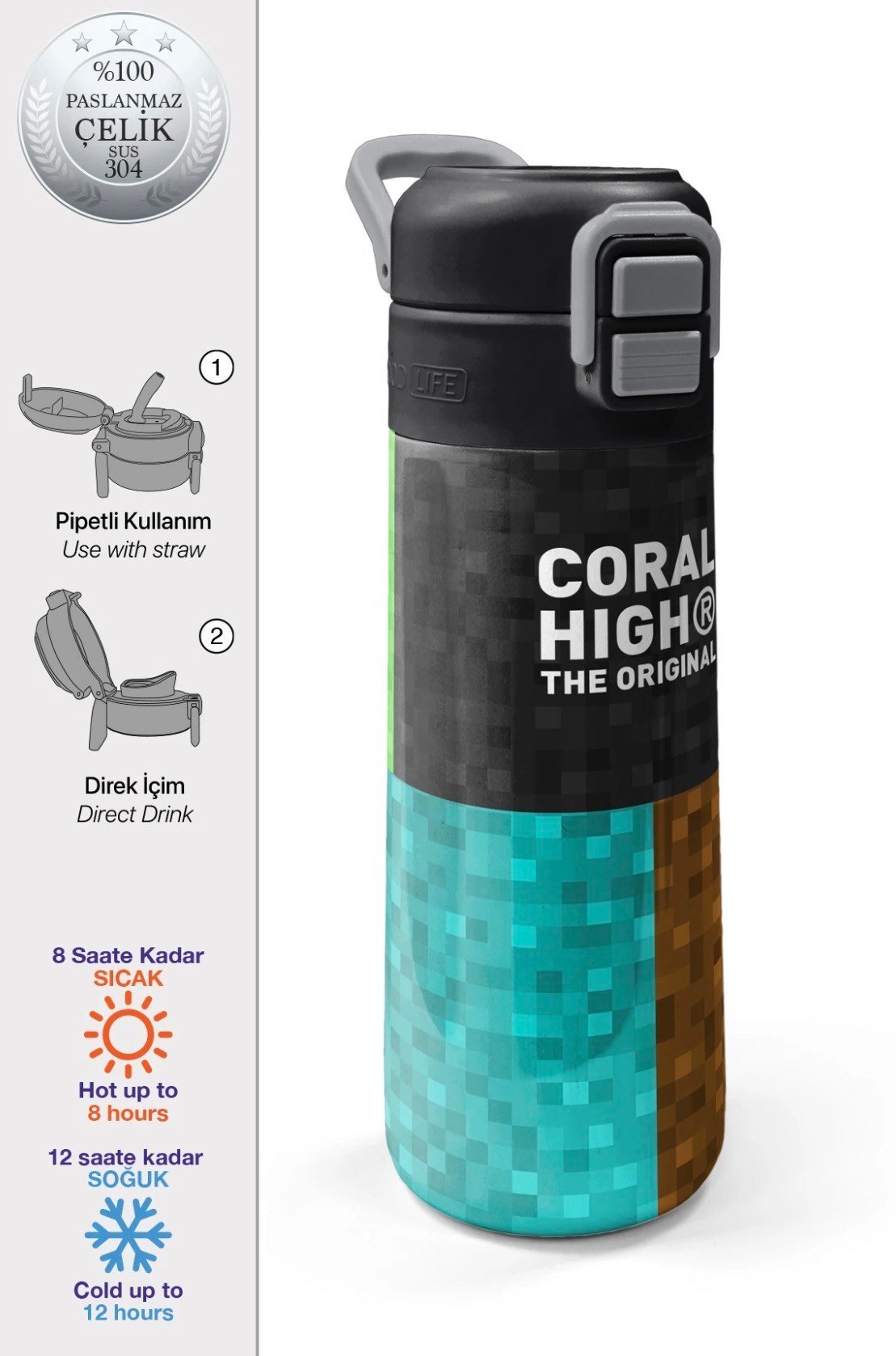 Coral High 500 ml Craft Desenli Pipetli ve Direkt İçim Çelik Termos 