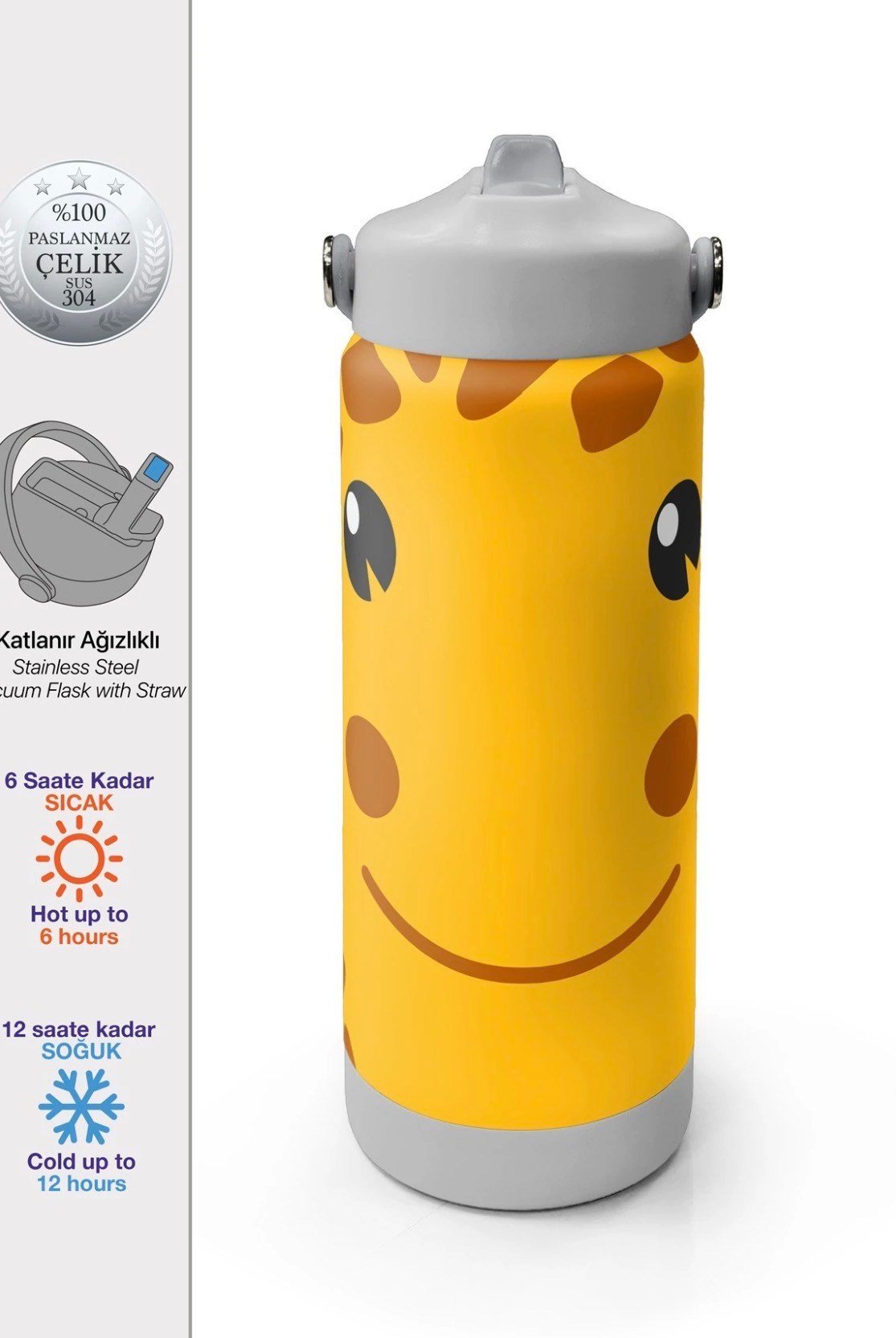 Coral High 650 Ml Zürafa Desenli Katlanır Ağızlıklı Çelik Termos