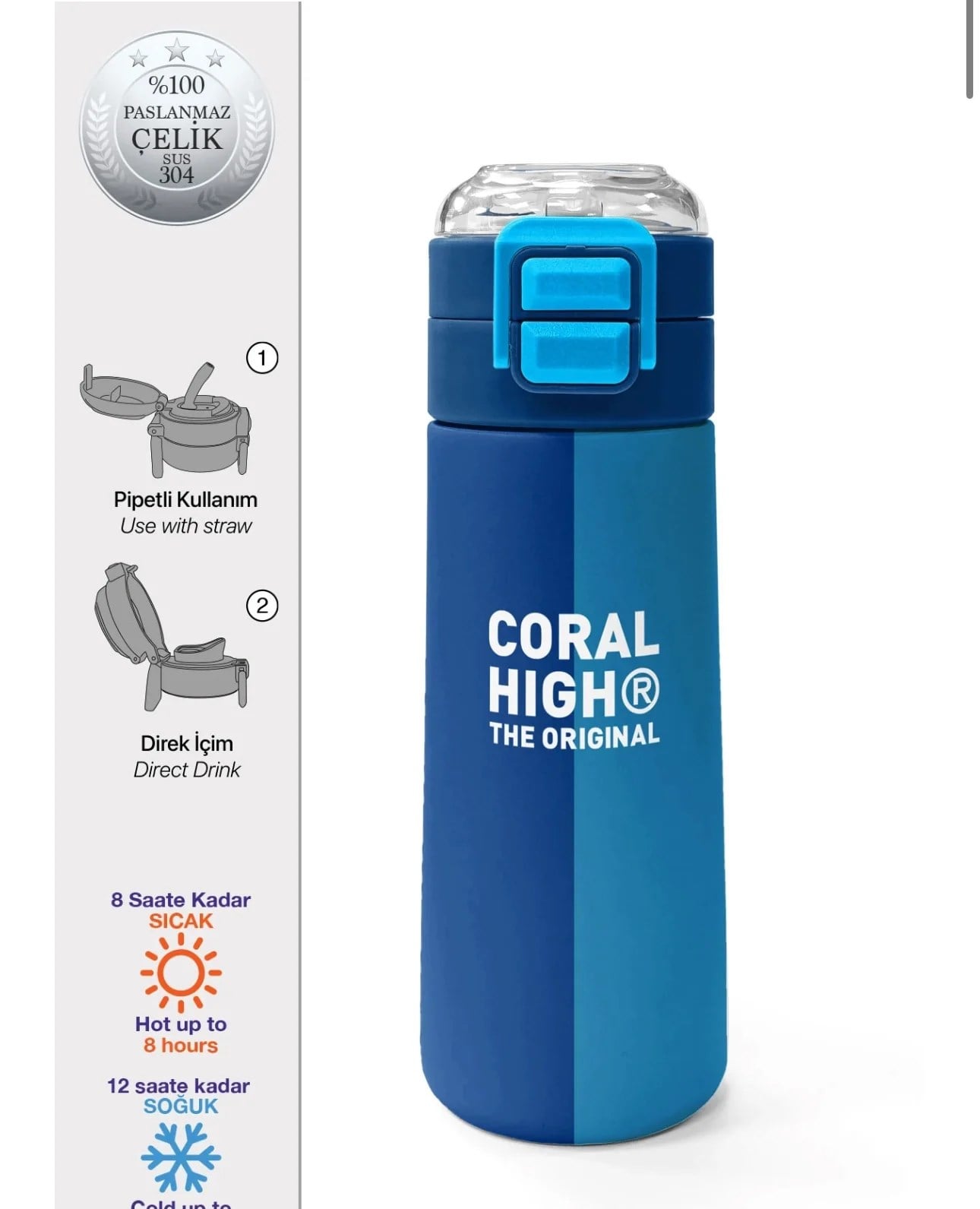 Coral High Mavi Çizgili 550 Ml Çelik Termos Suluk