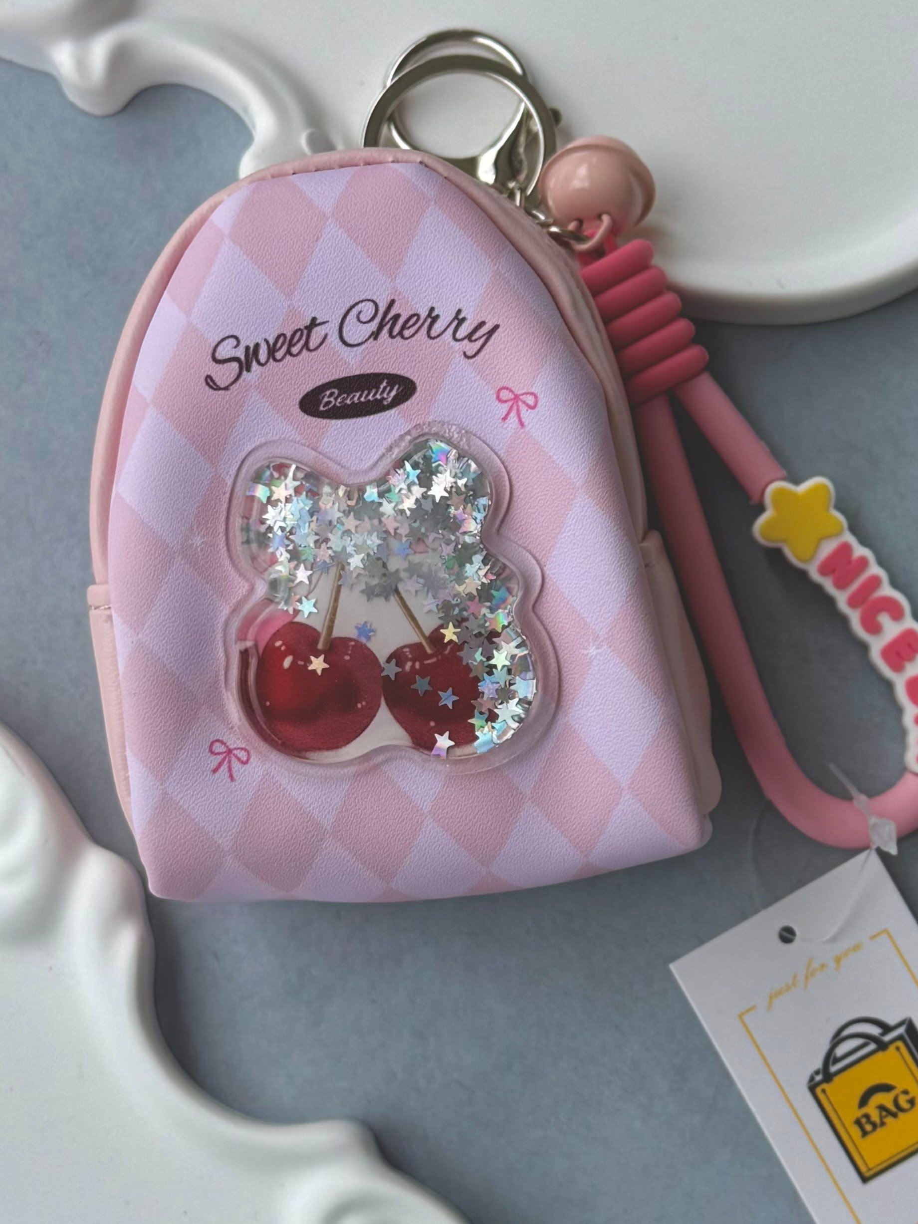 Pembe Simli Kiraz Detaylı Çanta Charm Cüzdan